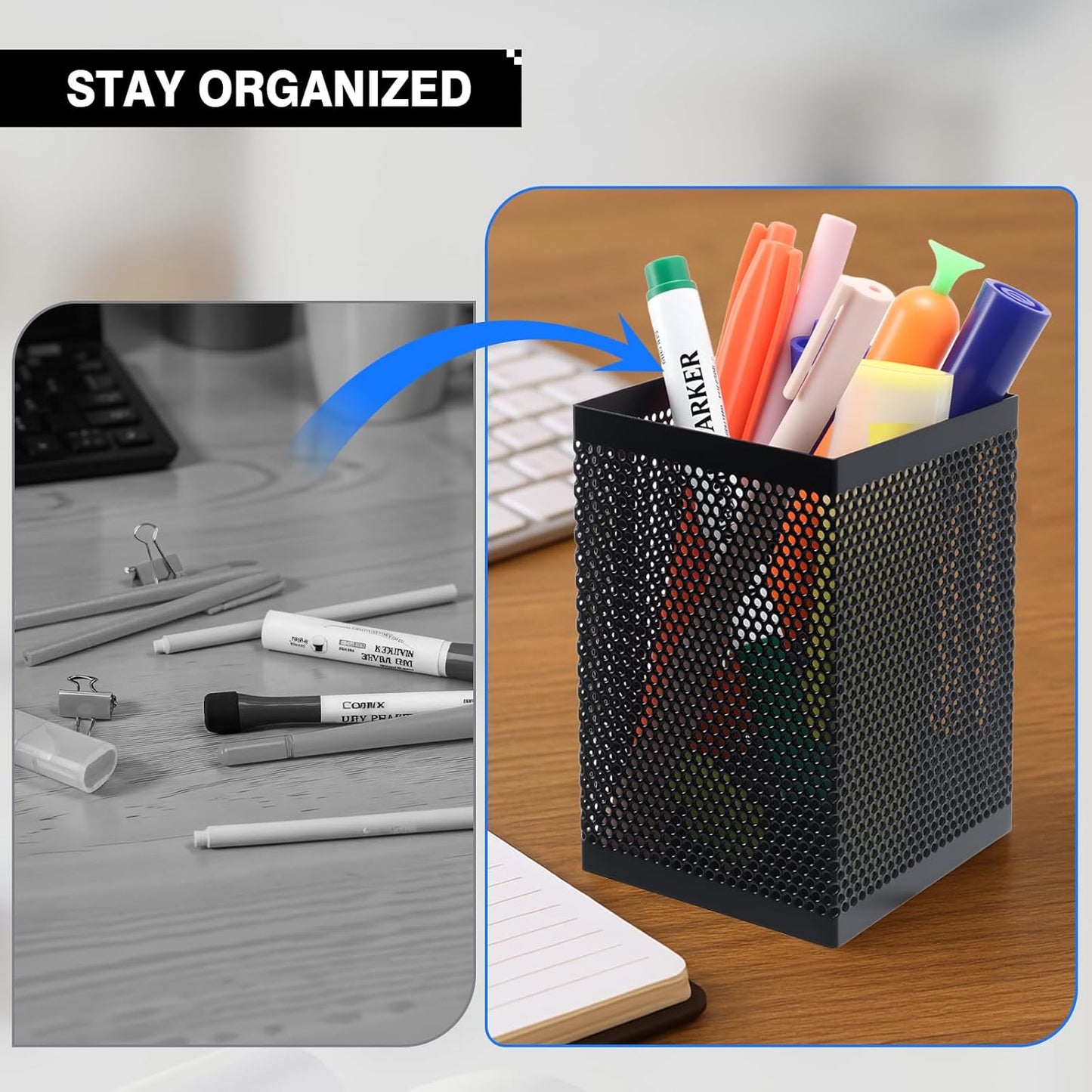 Comix Mesh Pen Holder Desk, Wire Pencil Holder with Foam Pad and Non-Slip Bottom Office Supplies Desk Organizer for Home Office School, 10 Packs