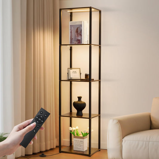Weaboopre Display Shelf Floor Lamp with Remote, 3 Color Temperature & Brightness Curio Collectible Display Cabinet Floor Lamp Corner Standing Lamp with Shelves for Living Room Bedroom Office Decor