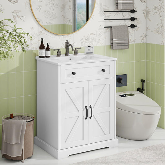 Vabches Bathroom Vanity with Sink Set, Modern Bathroom Cabinet with Flip Drawer and Doors, Freestanding Storage Cabinet with Shelf, Vintage Vanity with Ceramic Sink, White