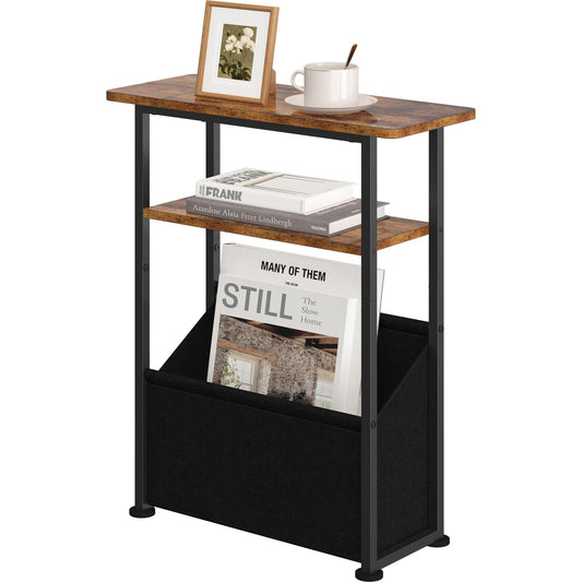 Yusong Narrow Side Table for Small Spaces, Skinny End Table with Storage Basket, 3 Tier Slim Sofa Couch Bedside Table, Thin Nightstand for Bedroom, Living Room, Rustic Brown