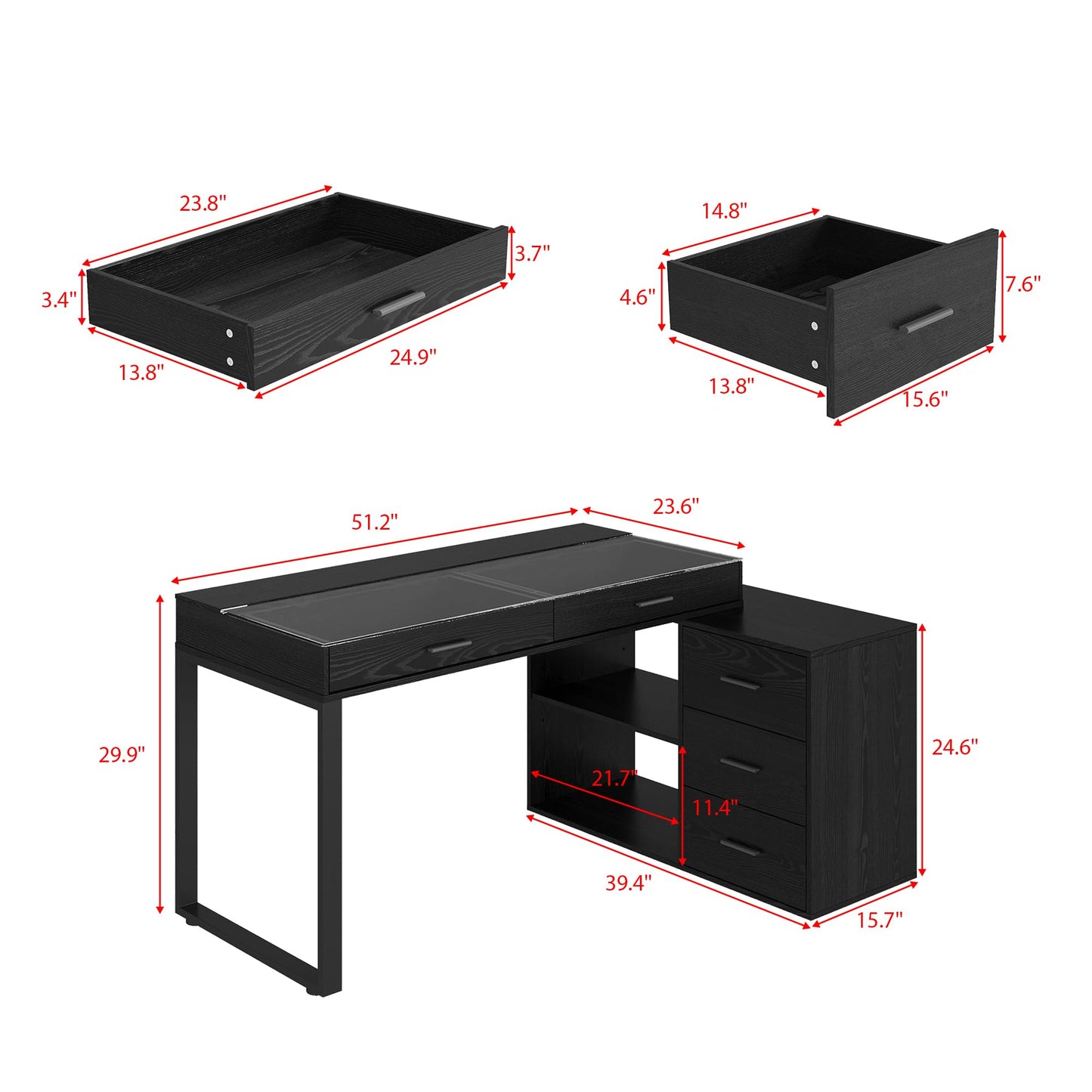 WOODTIME L-Shaped Makeup Vanity Desk with Glass Desktop & Cabinet, Corner Dressing Table with 5 Drawers & Shelves, Black Wood Grain