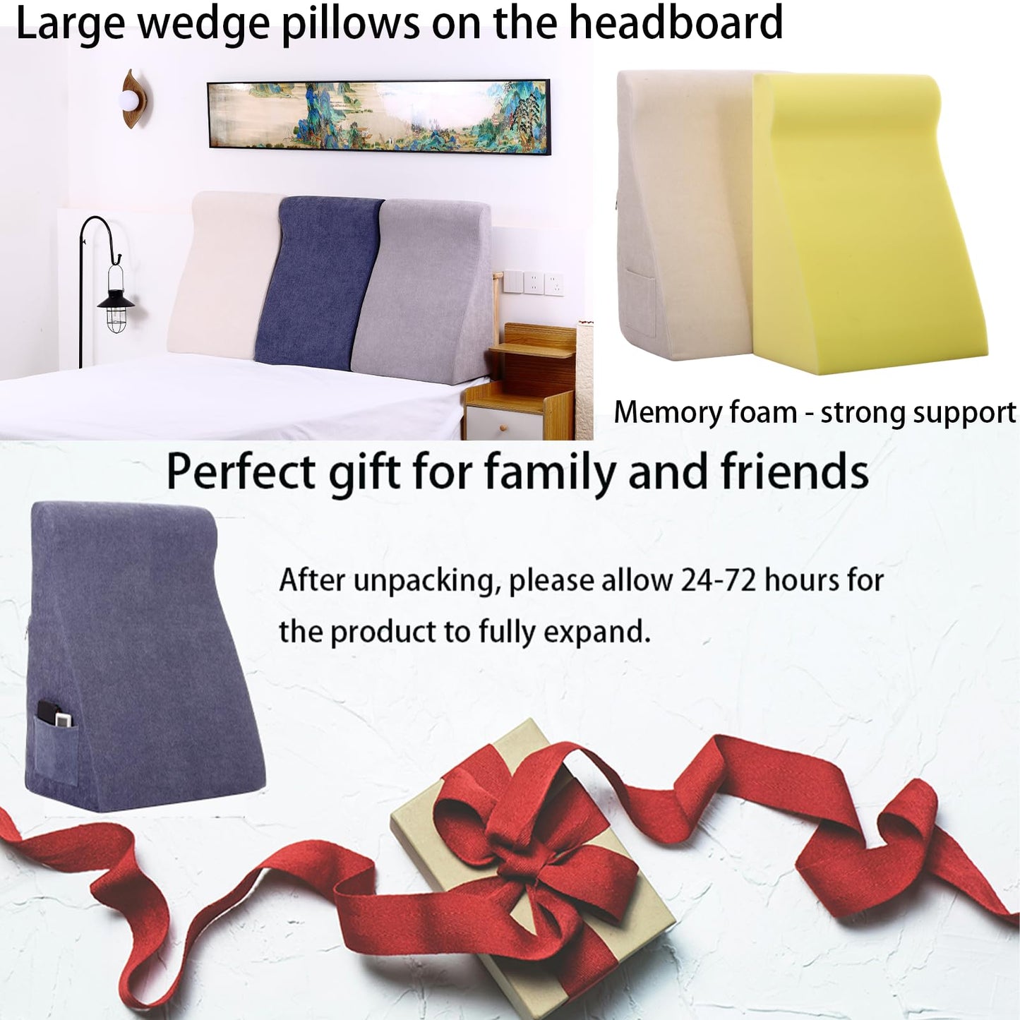 wuFQecht Bed Reading Pillow - Sofa Bed Wedge Pillow - Post-Op Recovery Backrest Pillow - Working Lumbar Support Reading Pillow with Removable Pillowcase Dark Blue 27x20x12in