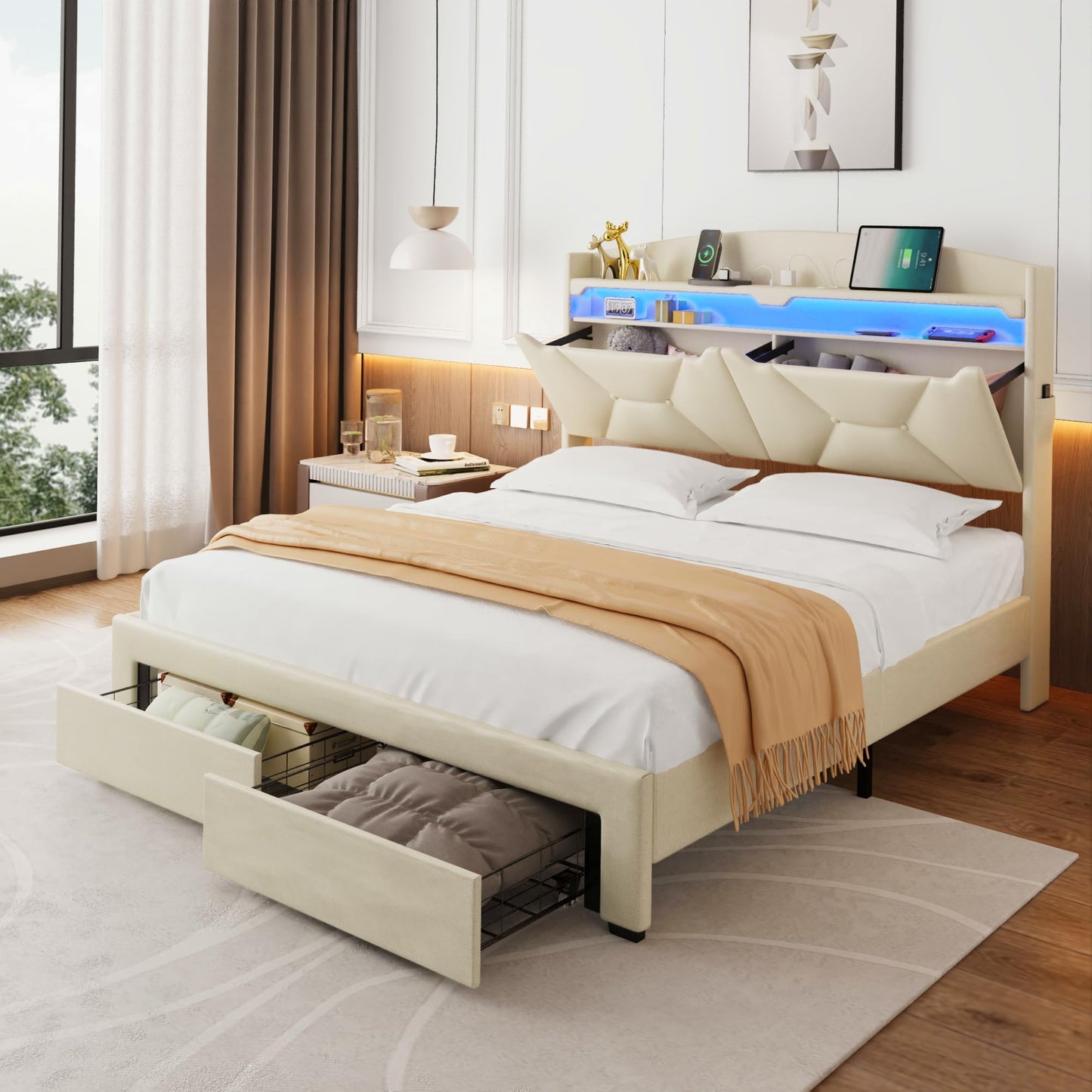 VINTLJUS Queen Size Bed Frame with Storage Headboard, Queen Bed Frame with 2 Drawers, Upholstered Platform Bed with Charging Station and LED Lights, Easy Assembly, Beige
