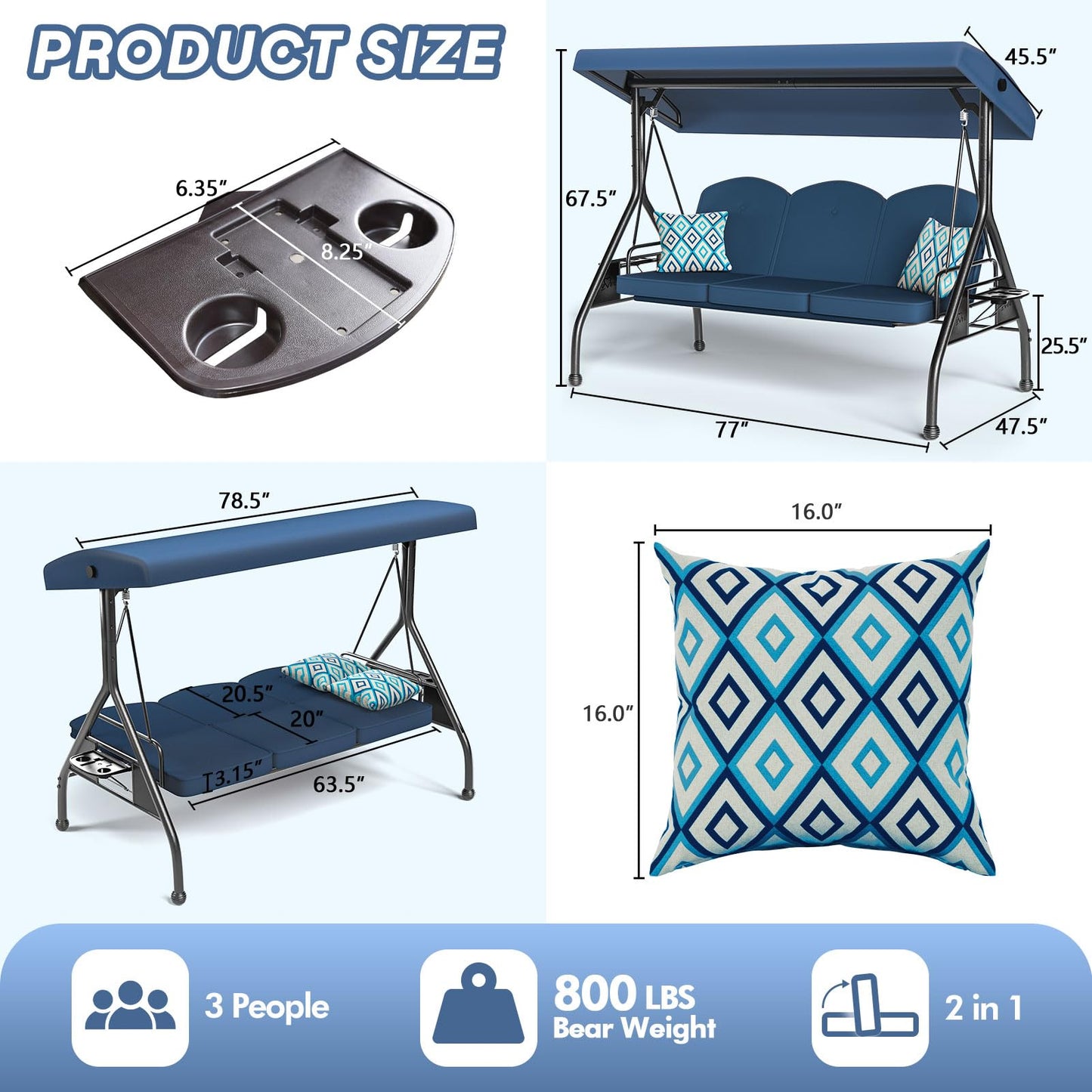 ZZW 3 Seat Outdoor Porch Patio Swing with Stand 800lbs 2-in-1 Convertible Swing Bed with Adjustable Canopy & Removable Cushion for Yard Garden Deck (Blue, Round Tube)