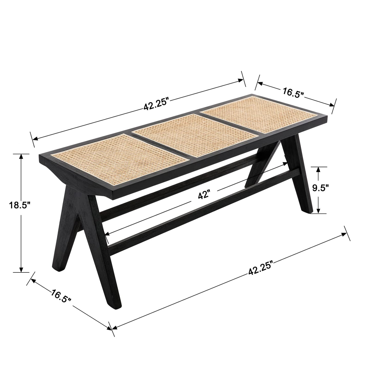 ZH4YOU 45 Inch Black Rattan Dining Bench, Farmhouse Woven Benches for Bedroom, Accent Entryway Long Seat Stool for Hallway/Dining Room/Living Room/Foyer