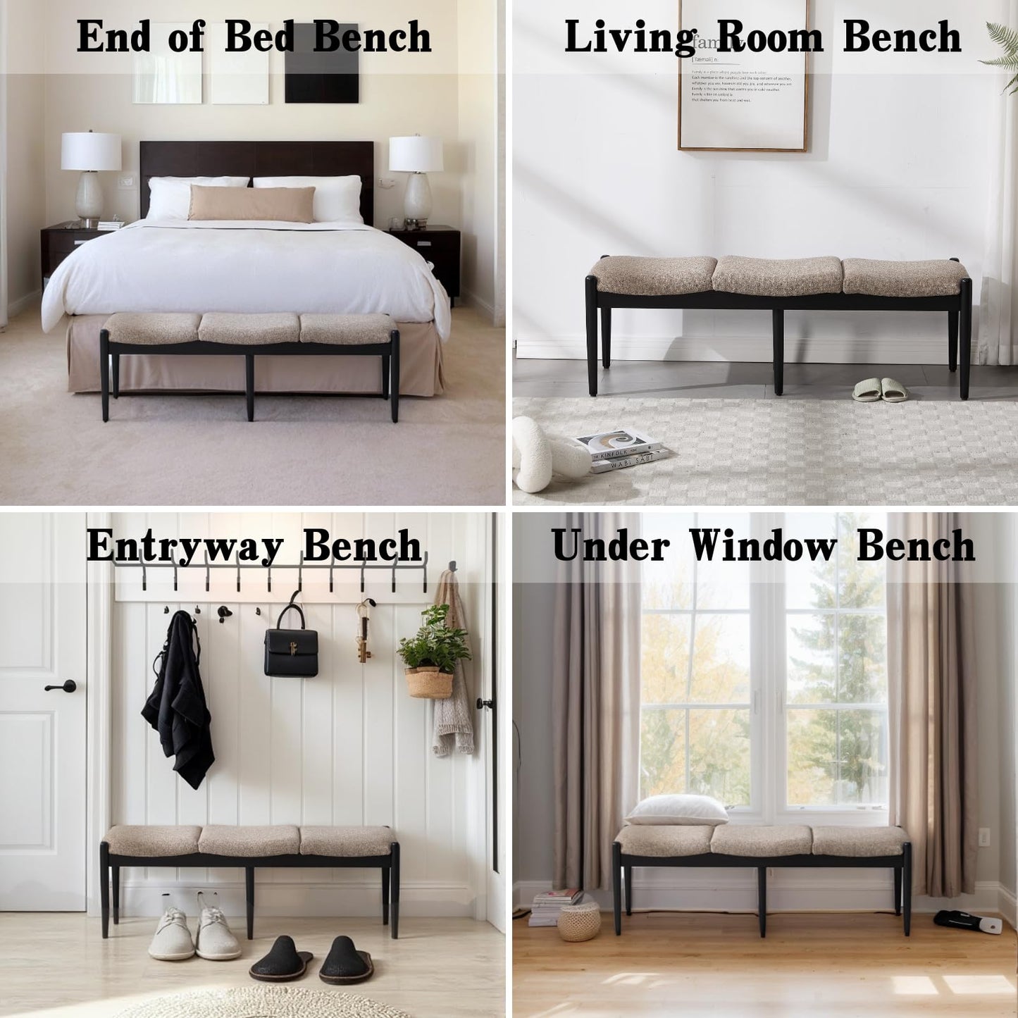 Ya-Home Modern Entryway Bench, Linen Upholstered Bedroom Bench End of Bed Bench, Window Bench with Padded Seat Black Wood Legs for Living Room/Dining Room, 54 Inches Long, Khaki