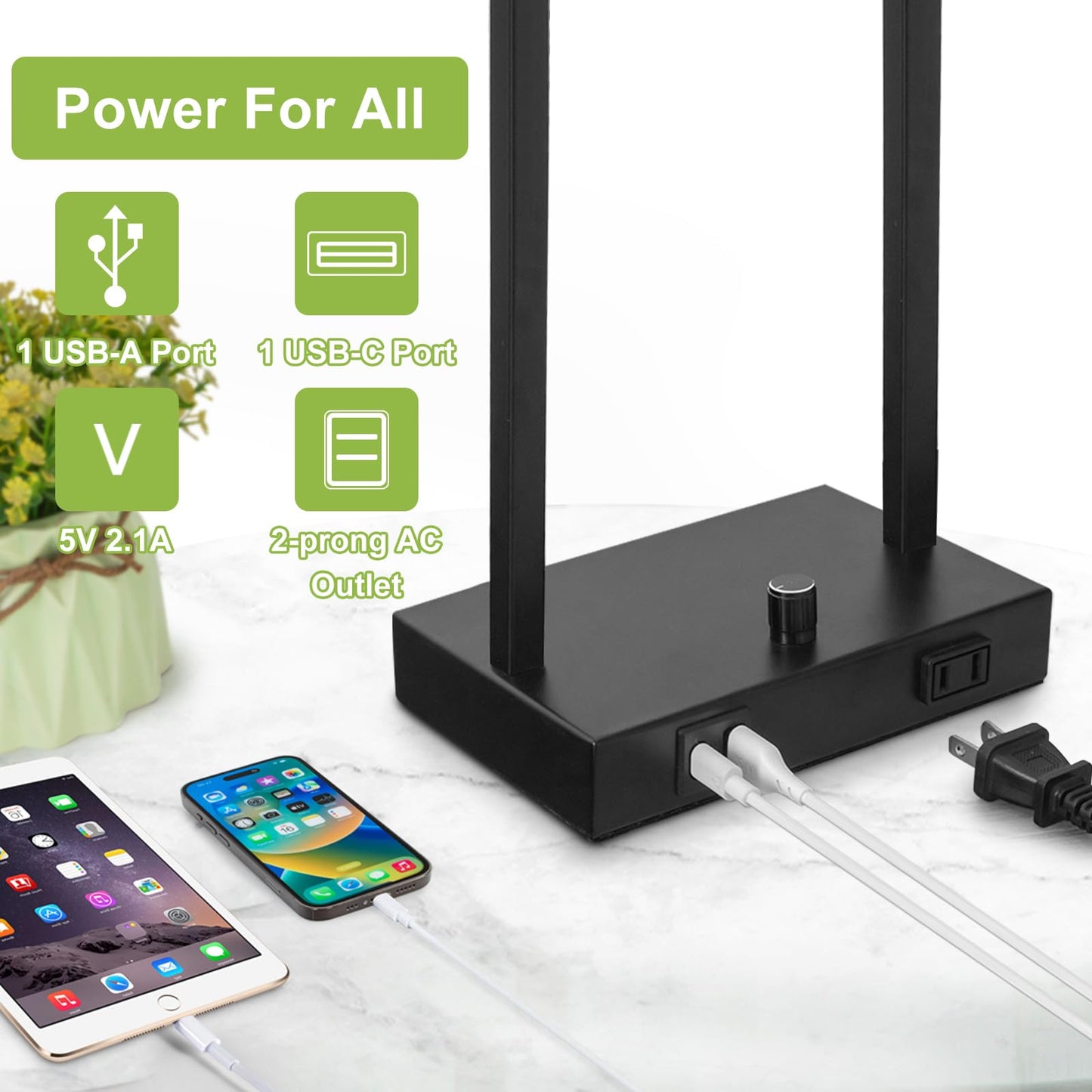 Vikdio 16" Set of 2 Industrial Table Lamps with USB A+C Charging Ports and AC Outlet, Fully Stepless Dimmable Bedside Lamps with Seeded Glass Shade for Bedroom Living Room Office, LED Bulbs Included