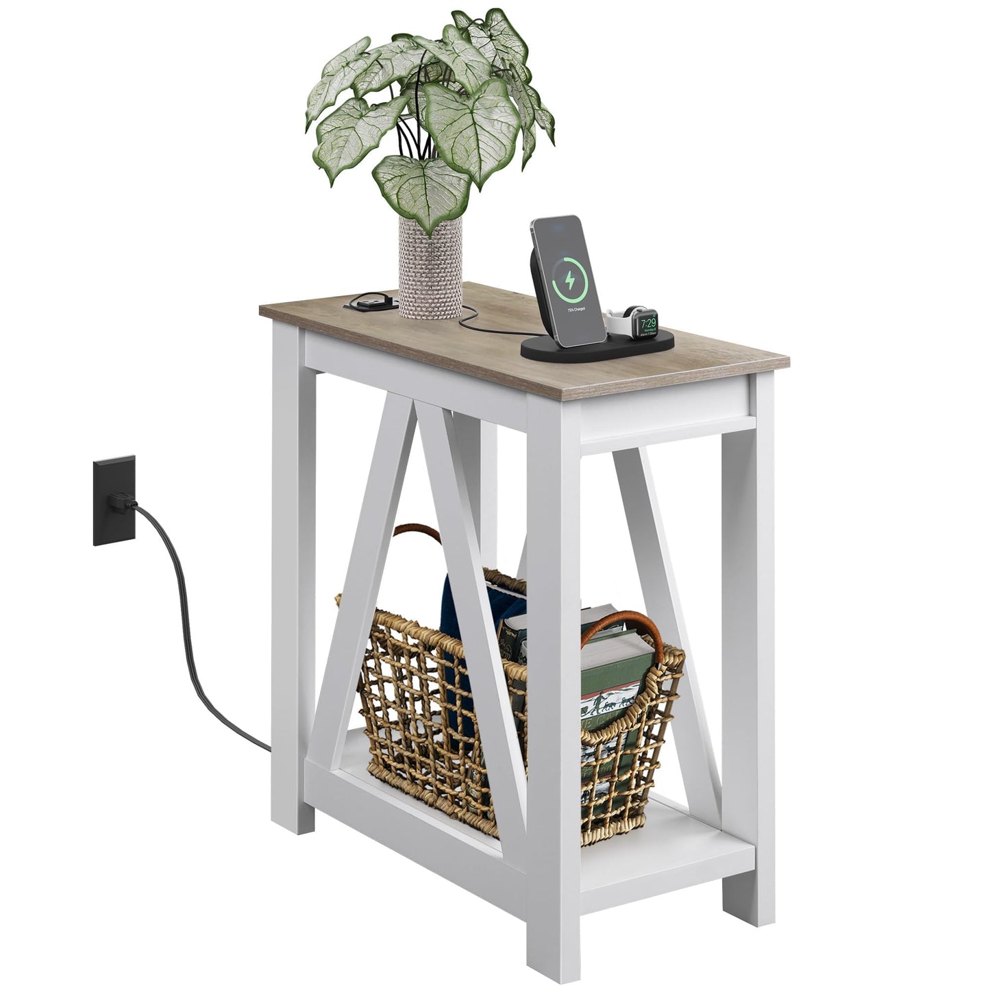 WLIVE Farmhouse End Table, Narrow Side Table with Charging Station, Slim End Table, Side Table for Bedroom, Living Room, Small Spaces, with 2 USB and 2 Power Outlets, 11.8" D x 23.6" W x 23.74" H