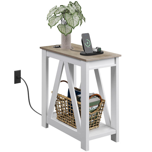 WLIVE Farmhouse End Table, Narrow Side Table with Charging Station, Slim End Table, Side Table for Bedroom, Living Room, Small Spaces, with 2 USB and 2 Power Outlets, 11.8" D x 23.6" W x 23.74" H