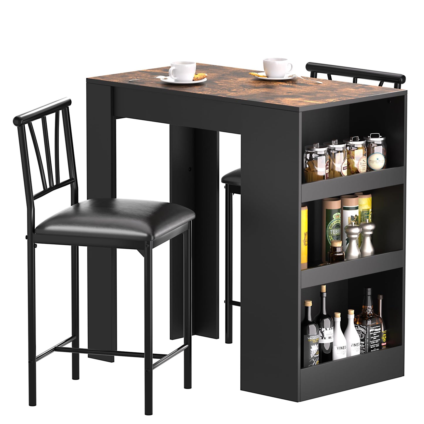 VECELO Small Bar Table and Chairs Tall Kitchen Breakfast Nook with Stools/Dining Set for 2, Storage Shelves, Space-Saving, Retro