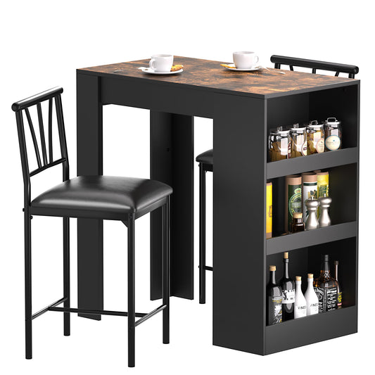 VECELO Small Bar Table and Chairs Tall Kitchen Breakfast Nook with Stools/Dining Set for 2, Storage Shelves, Space-Saving, Retro