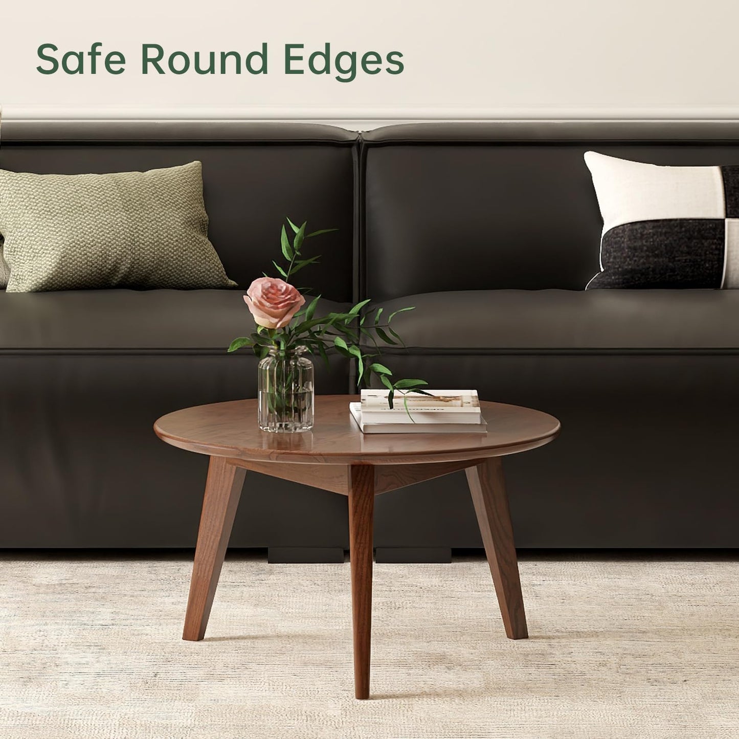 Vadisun 100% Solid Oak Wood Mini Coffee Table, Round Living Room Table Side Table w/Solid Wood Legs, Walnut Mid Century Sturdy Tables for Bedroom Balcony Living Room (23.62" D x 13.78" H)