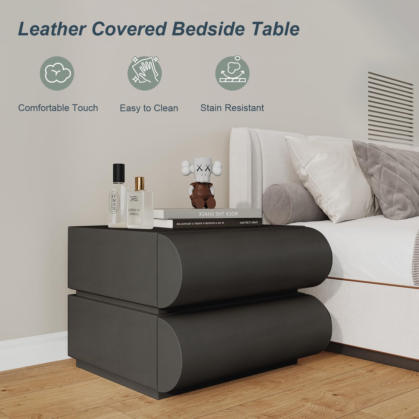 IKuinen Nightstand, Minimalist Bedside Table with 2 Solid Wood Drawer, Night Stands with Microfiber Leather, End Table for Bedroom-Black