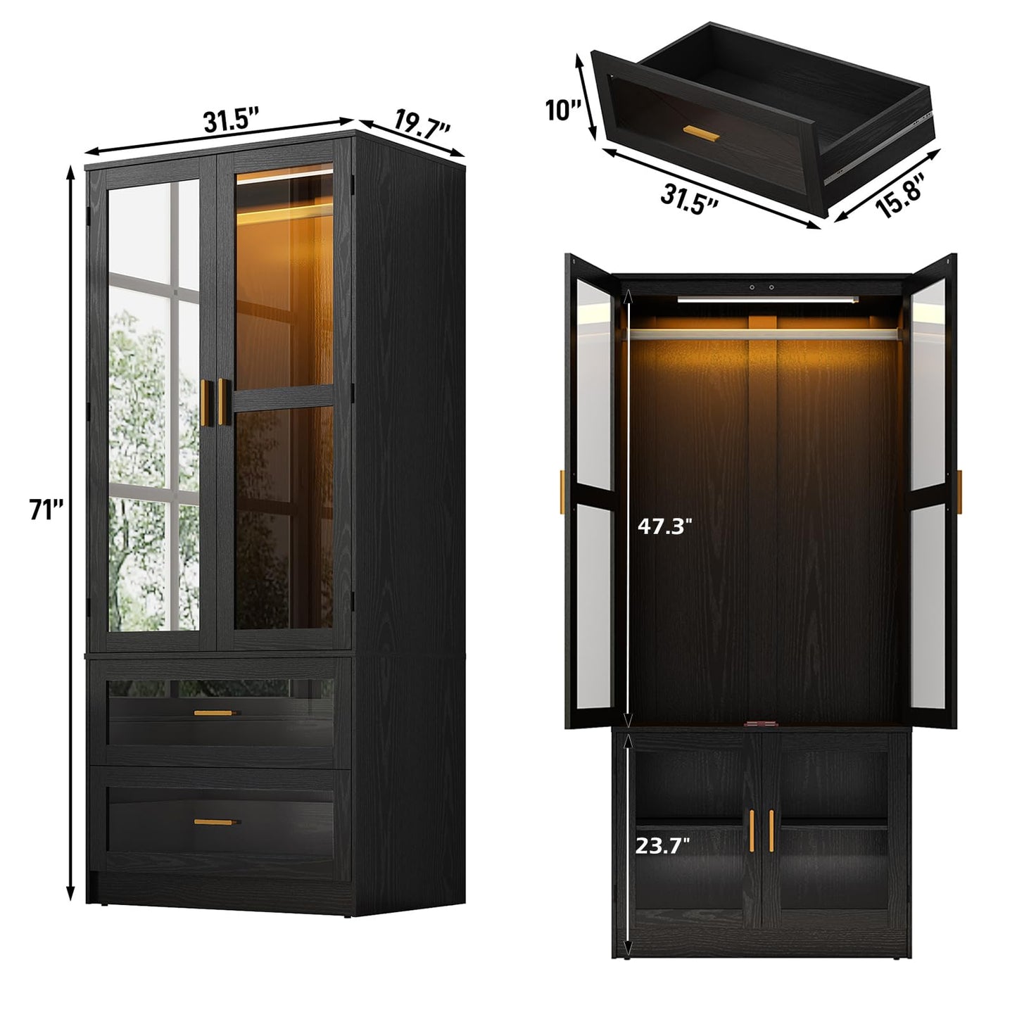 2 Doors Armoire Wardrobe Closet with LED and Mirror,71" H Freestanding Wooden Wardrobe Closet Cabinet for Bedroom w 2 Drawers,Wooden Clothing Storage Cabinet w Hanging Rod,Closets for Bedroom(Black)