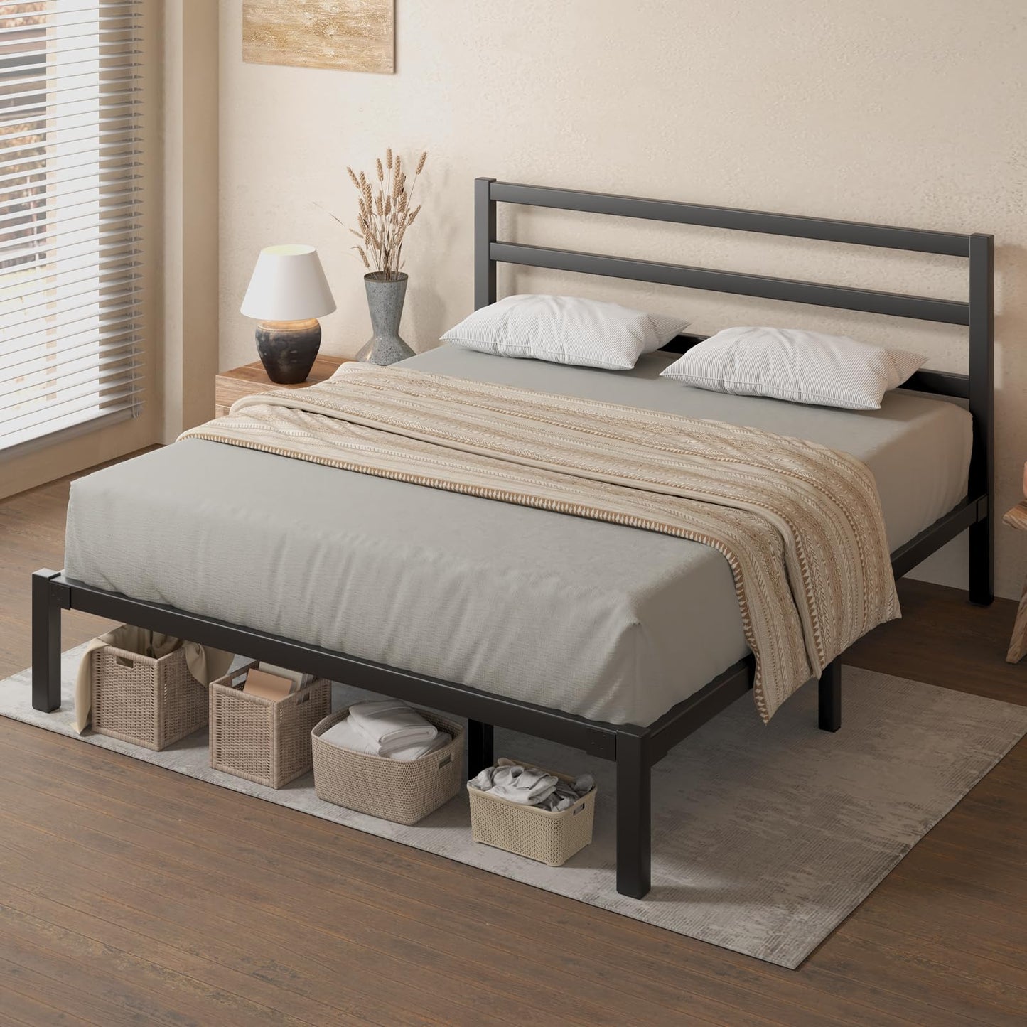 E-Motie King Size Bed Frame, Metal Platform Bed Frame with Headboard, Mattress Foundation with Spacious Underbed Storage, No Box Spring Needed, Easy Assembly, Modern, Black