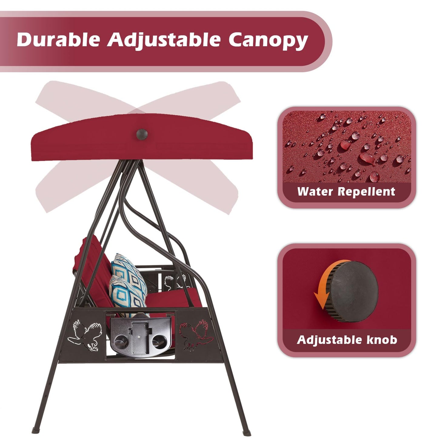 ZZW 3-Seat Outdoor Porch Swing with Stand, Patio Swing with Canopy, 2 in 1 Porch Swing Bed & Patio Swing Chair for Adult w/Extra Pillows and Cup Holder for Yard (Wine Red)