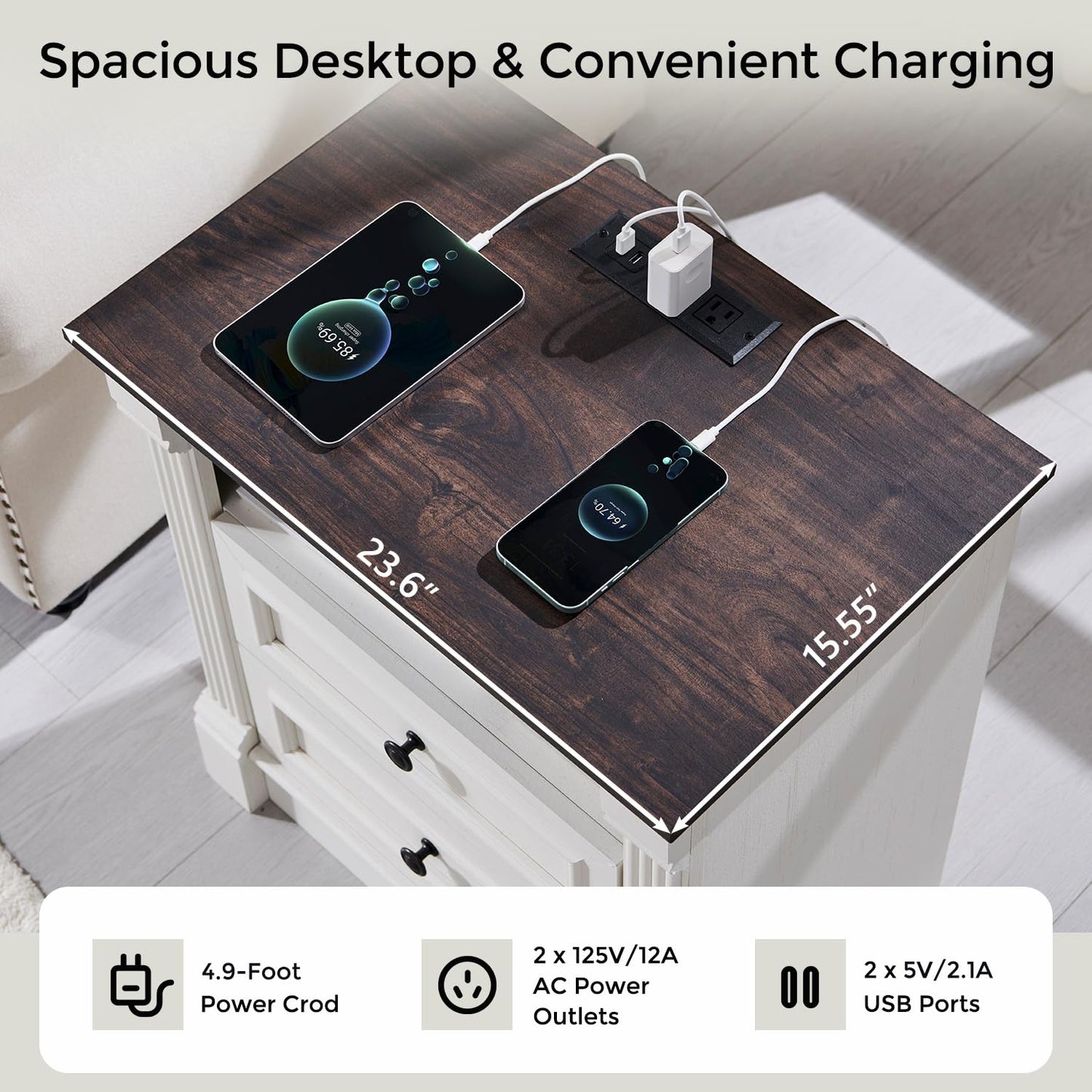 26" Tall Farmhouse Nightstand Set of 2, 2 Drawers End Table w/Charging Station, 23.6" Wide Large Side Table w/Roman Column, Wood Rustic Sofa Table w/Open Shlef, Bedside Table for Bedroom, White