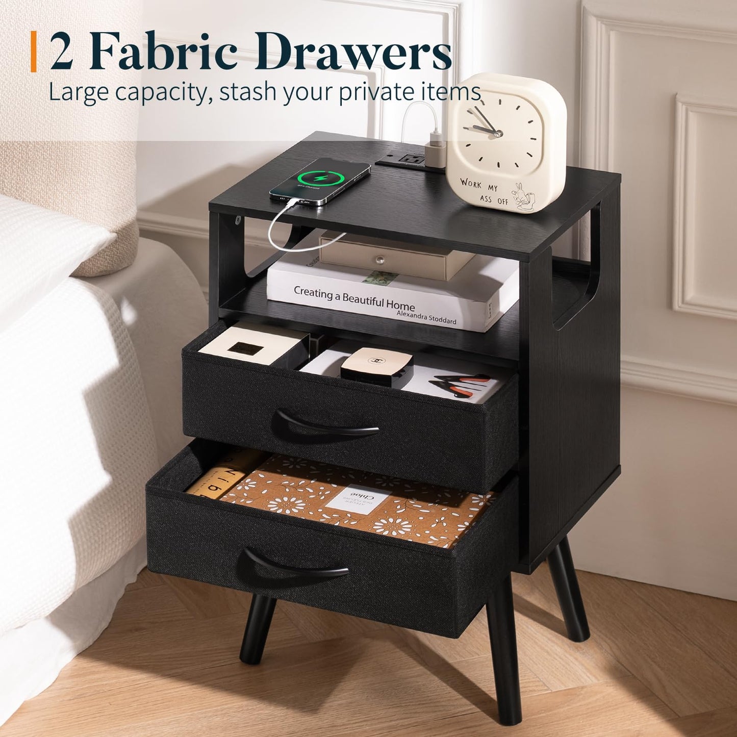 Yoobure LED Night Stand with Charger Station, Mid Century Modern Nightstand with Fabric Drawers, Bedside Table Nightstands with Storage Shelf, Bed Side Table Small Night Stands for Bedroom Living Room