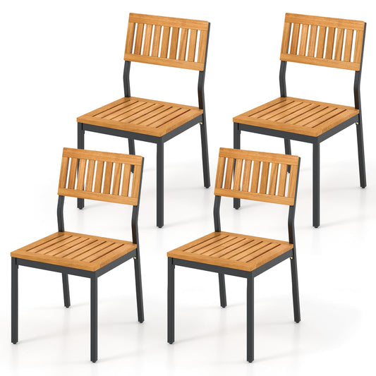 Tangkula Patio Dining Chair Set of 2, Outdoor Armless Chairs w/Metal and Acacia Wood Frame, All-Weather Bistro Chairs, for Indoor Lawn Backyard Patio Garden Deck Balcony