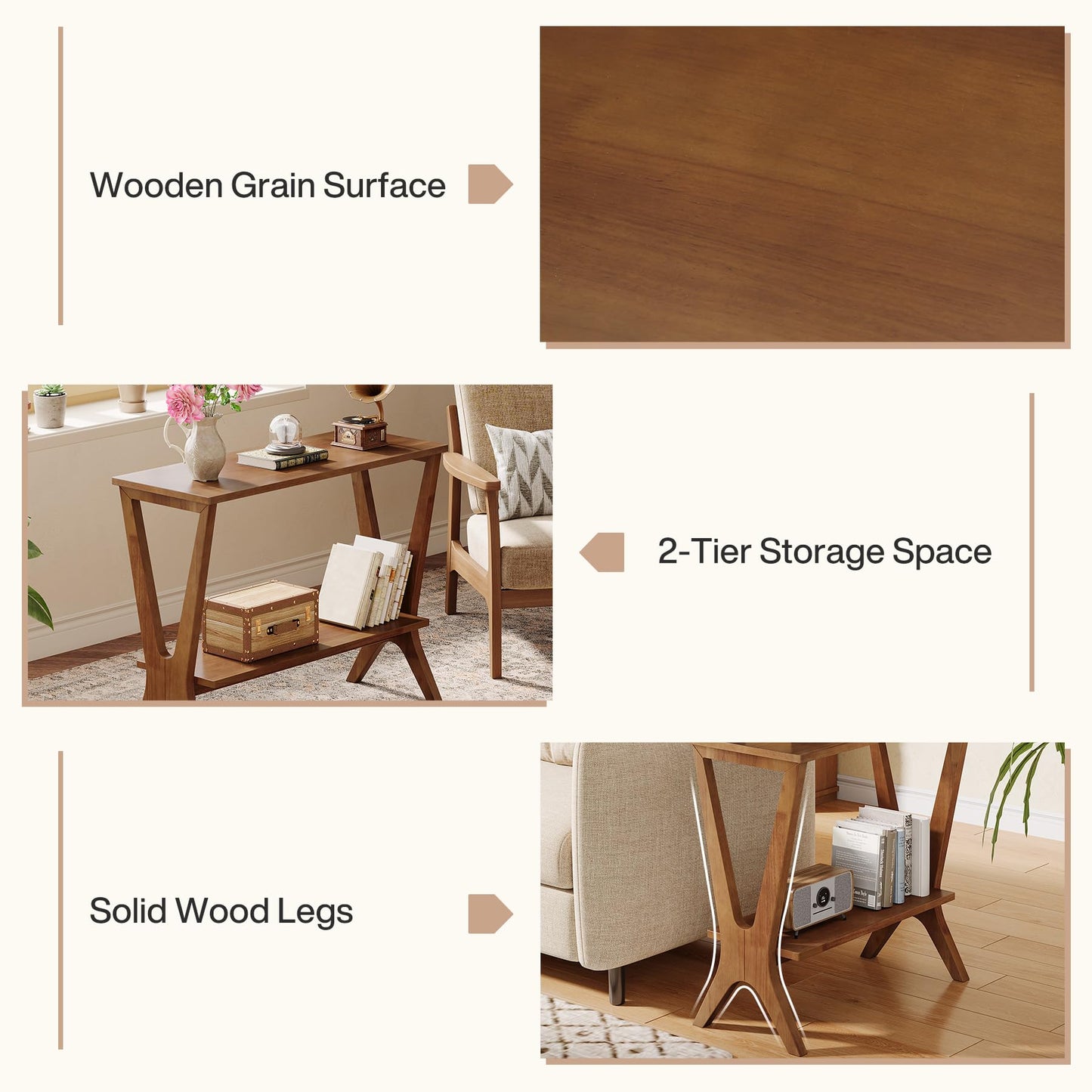 TRIBEWOOD Solid Wood End Table Set of 2, 2-Tier Storage Shelves Sofa Couch Side Table with Sturdy Legs, Wooden Narrow Retro Nightstand for Small Spaces, Bedroom, Living Room, Apartment, Vintage Brown