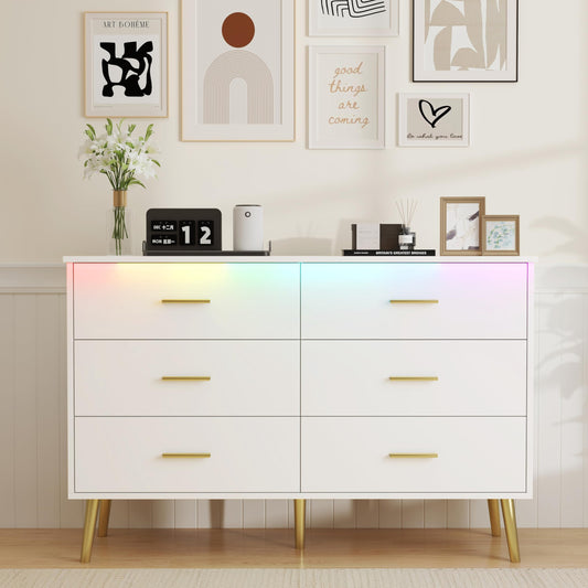 White Dresser for Bedroom, Dressers & Chests of Drawers for Clothes Storage, Wood Dresser for Closet with 6 Drawers, Wide Long Clothes Organizer with LED Light for Hallway, Entryway, Metal Handles