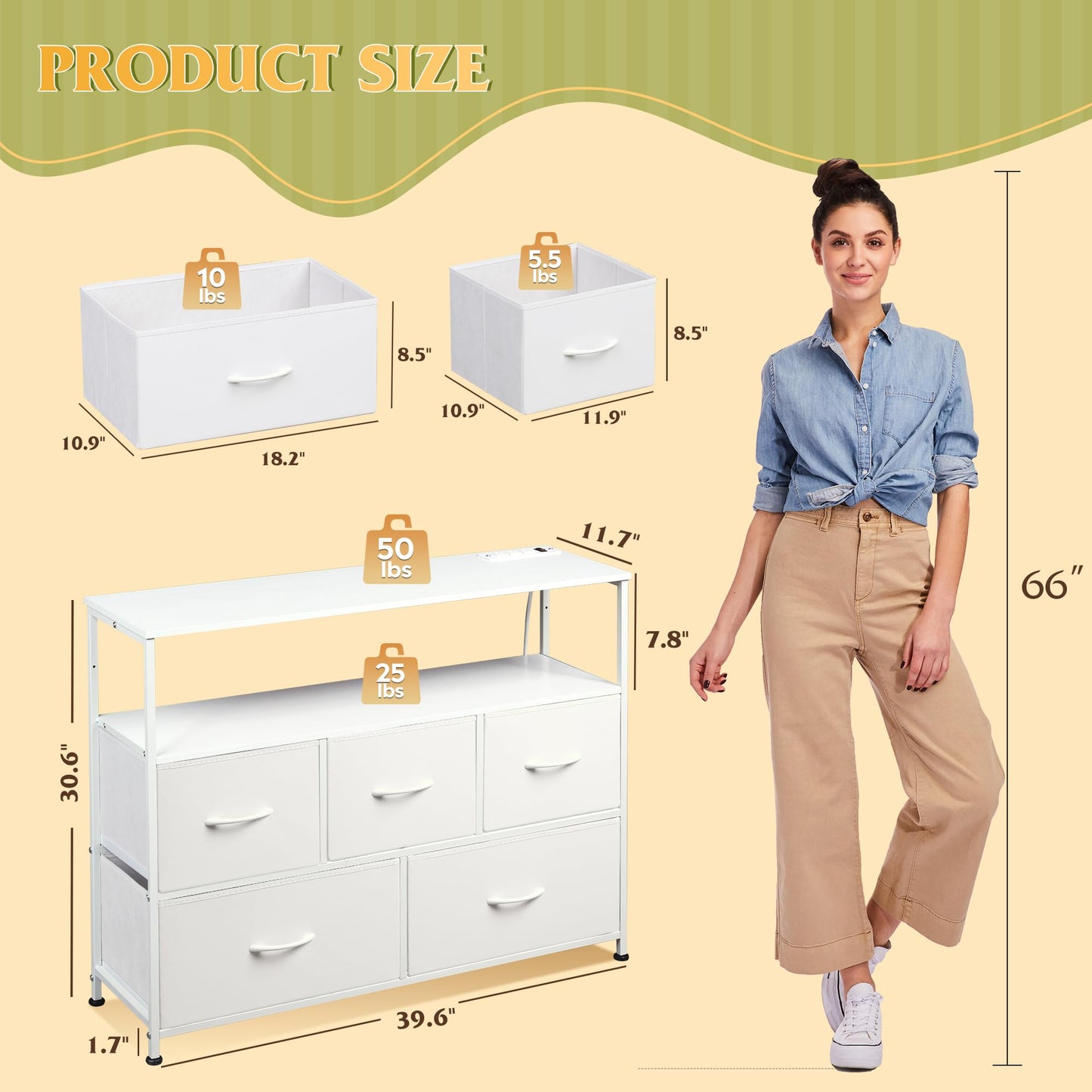 WLIVE White Dresser for Bedroom, 5 Drawer Dressers with Charging Station, Fabric Chest of Drawers with Open Shelves, Storage Dresser for Living Room, Closet, Entryway