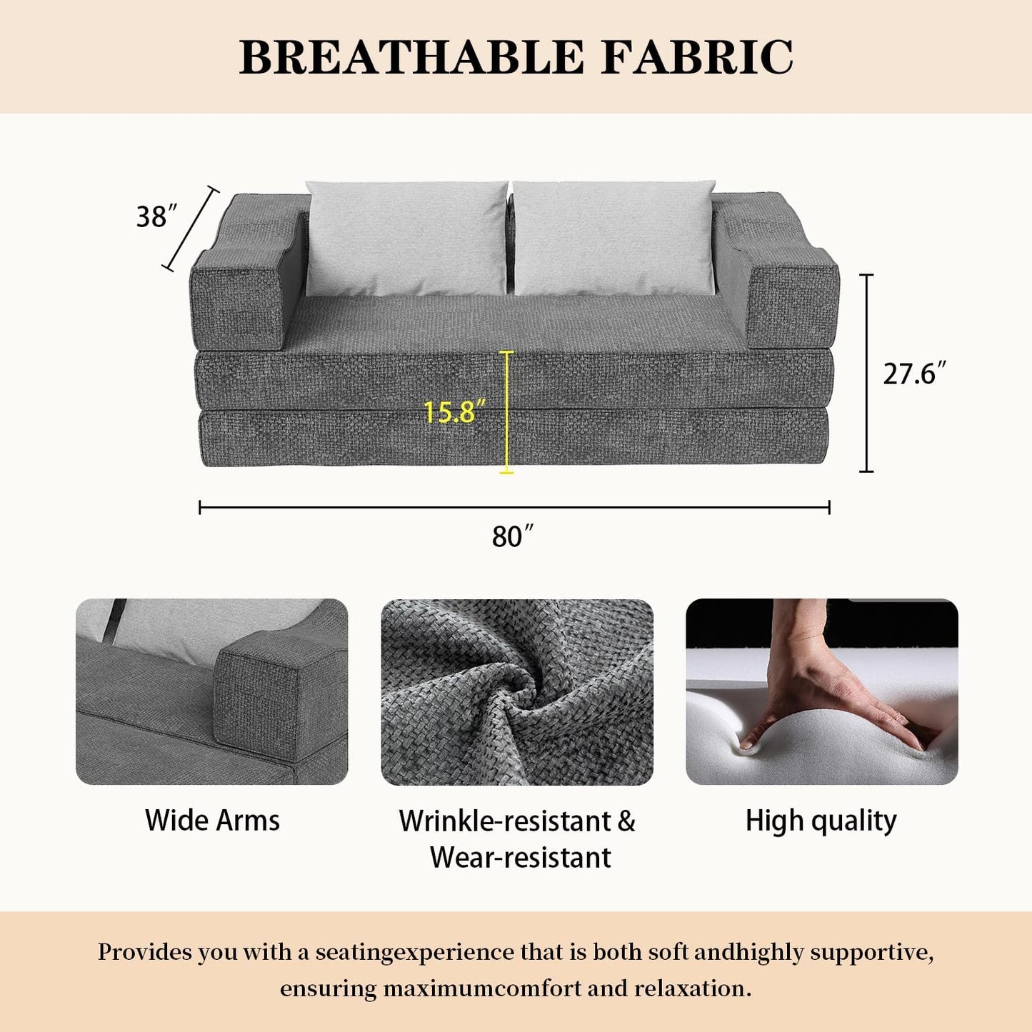 80" King Size Convertible Sofa Bed Sleeper, Foldable Futon Couch with Memory Foam & 2 Pillows, Chenille Fabric Modular Loveseat for Small Spaces, Apartment, Living Room, Studio (Gray, 80in)