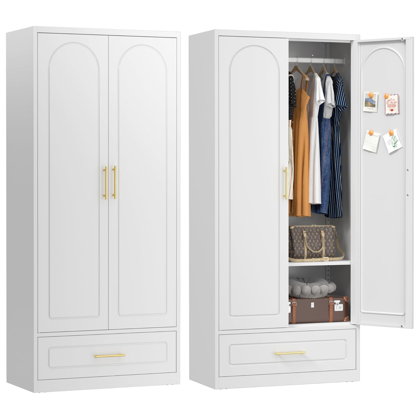 UNICOLY Armoire Wardrobe Closet with Doors, 71'' Wardrobe Cabinet with Hanging Rod, Metal Closet with 2 Adjustable Shelves for Bedroom School, Employee, Gym, Armarios De Ropa para Dormitorio, White