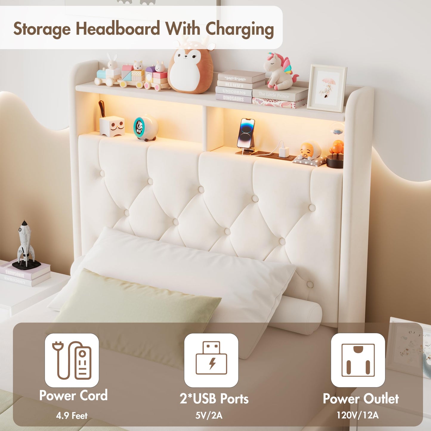 VINTLJUS Twin LED Bed Frame with Storage Headboard & Charging Station, Velvet Fabric Platform Bed Frames with 3 Drawers, No Box Spring Needed, Button Tufted Upholstered, Beige