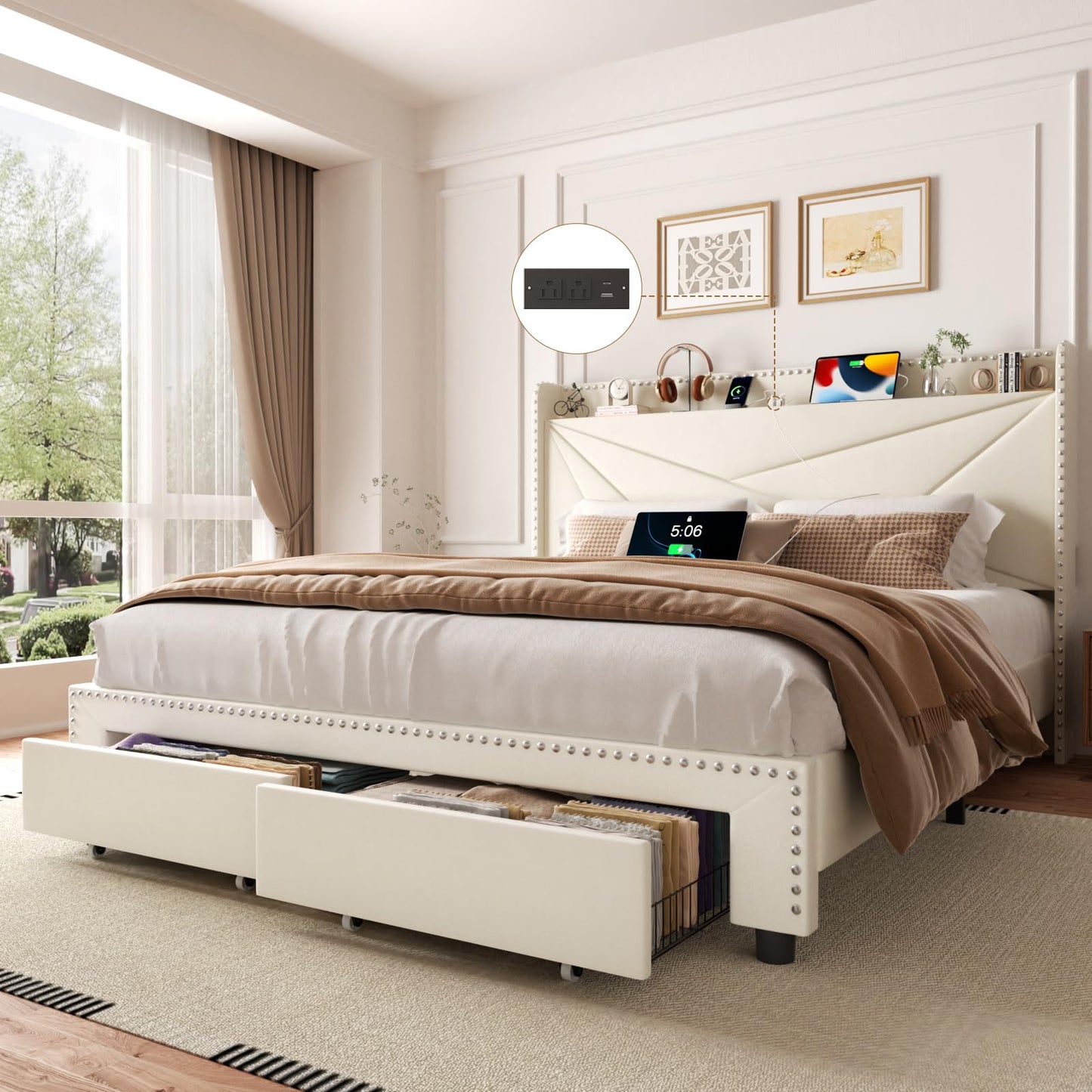 viplov King Size Bed Frame with 2 Large Drawers, Storage Headboard Built-in Charging Station, Modern Chic Rivet Design, Easy Assembly, No Box Spring Required, Noise-Free, Beige