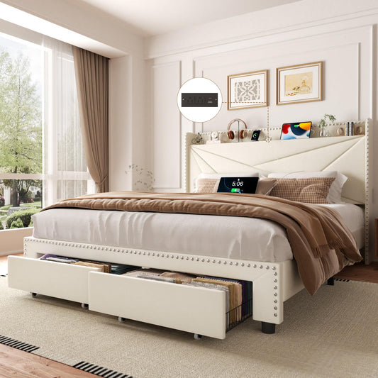 viplov King Size Bed Frame with 2 Large Drawers, Storage Headboard Built-in Charging Station, Modern Chic Rivet Design, Easy Assembly, No Box Spring Required, Noise-Free, Beige