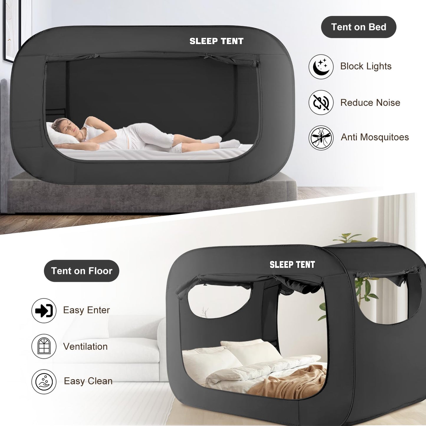 Bed Canopy Bed Tent Dream Tents Privacy Space Twin Size Sleeping Tents Indoor Pop Up Portable Frame Curtains Breathable with Mosquito Mesh Window for Kids and Adult (Mattress Not Included) Black