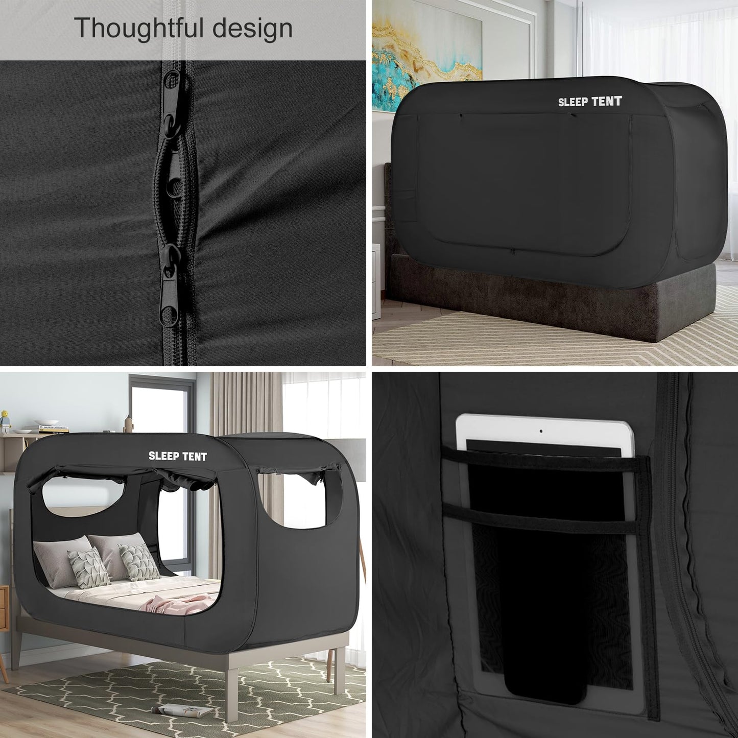 Bed Canopy Bed Tent Dream Tents Privacy Space Twin Size Sleeping Tents Indoor Pop Up Portable Frame Curtains Breathable with Mosquito Mesh Window for Kids and Adult (Mattress Not Included) Black