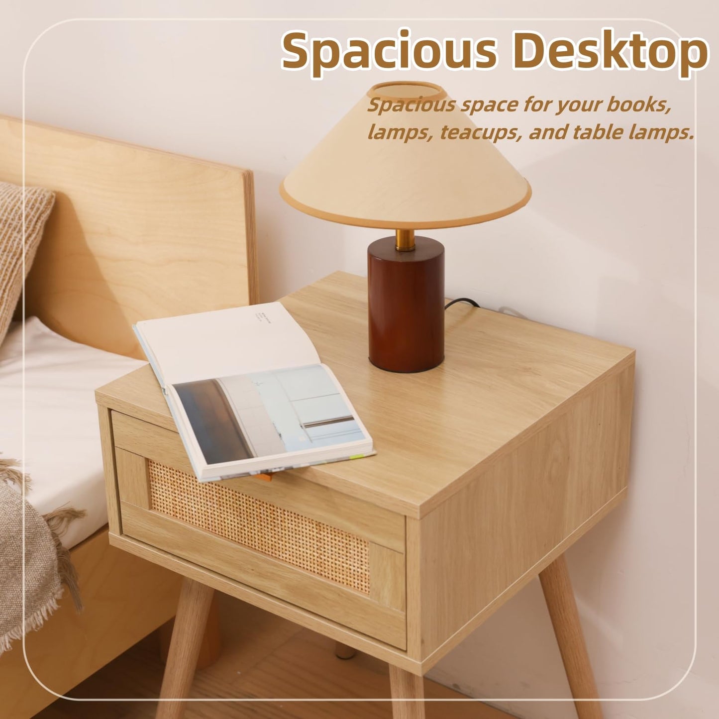 FUQARHY Rattan Nightstand Set of 2, Boho Side Table with Drawer, Mid Century Modern, End Table with Wood Legs for Bedroom, Dorm and Small Spaces