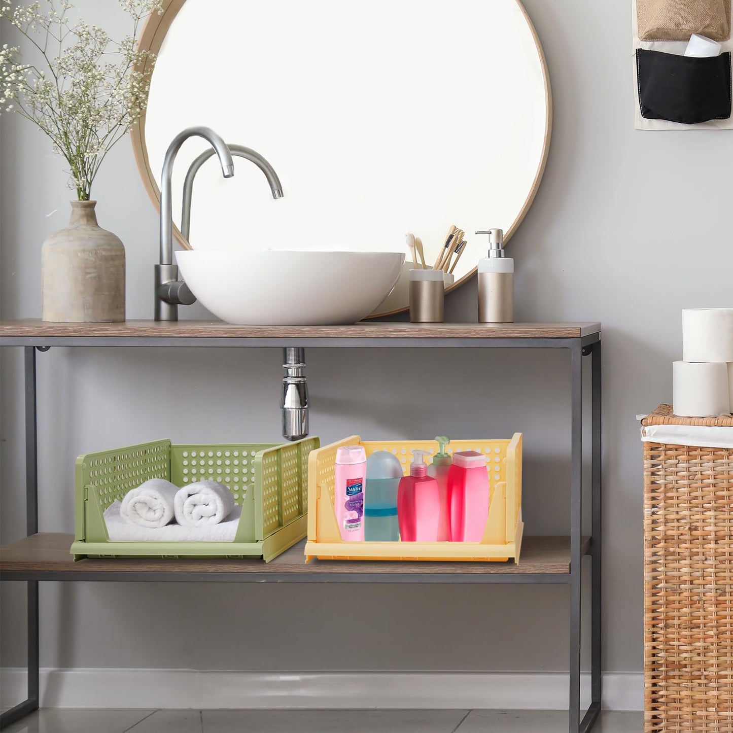 4-Pack Folding Wardrobe Storage Box Plastic Drawer Organizer Stackable Shelf Baskets Cloth Closet Container Bin Cube Home Office Bedroom Laundry Drawer Dividers for Clothes Toy Organization (Green)