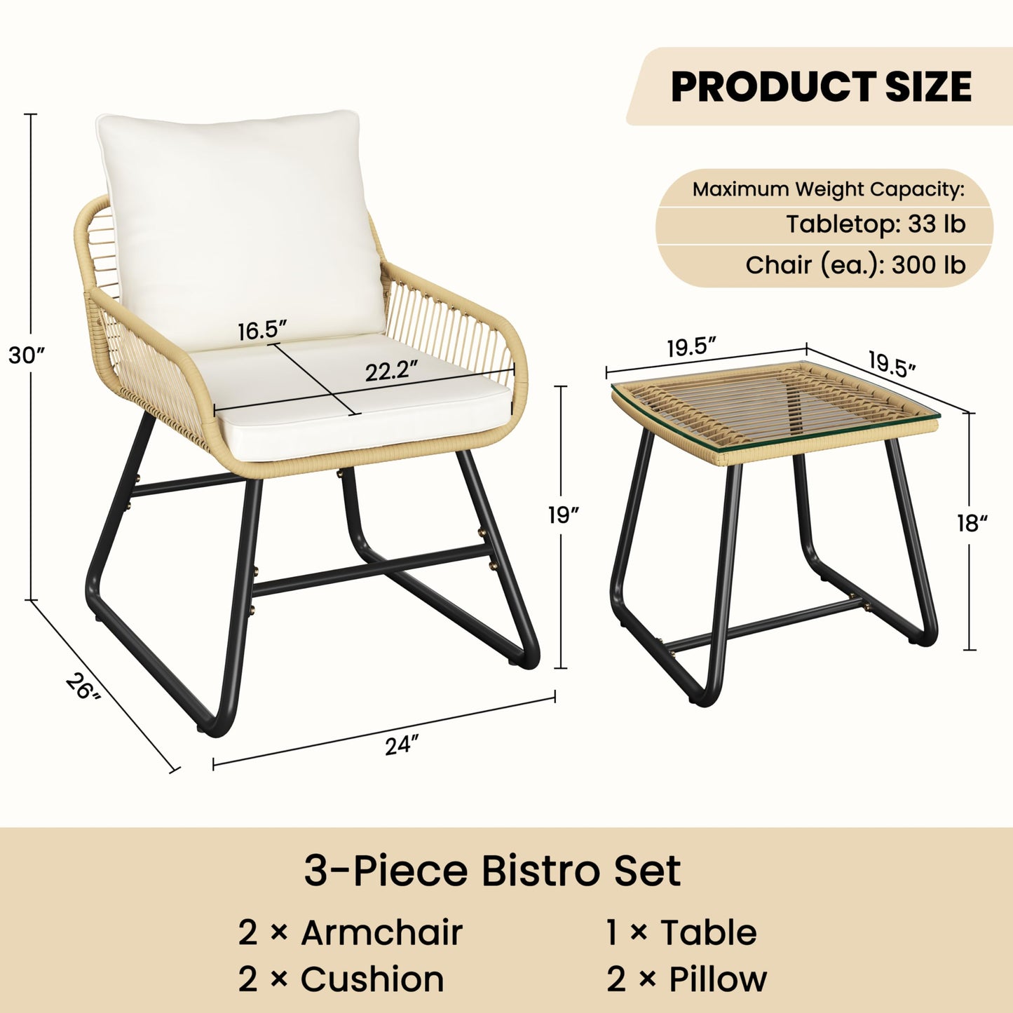 Yaheetech 3 Piece Patio Bistro Set Outdoor Wicker Bistro Furniture Sets, 2 Rattan Chairs and Glass Top Table for Patio, Balcony, Porch, Poolside, Backyard - Tan/Cream