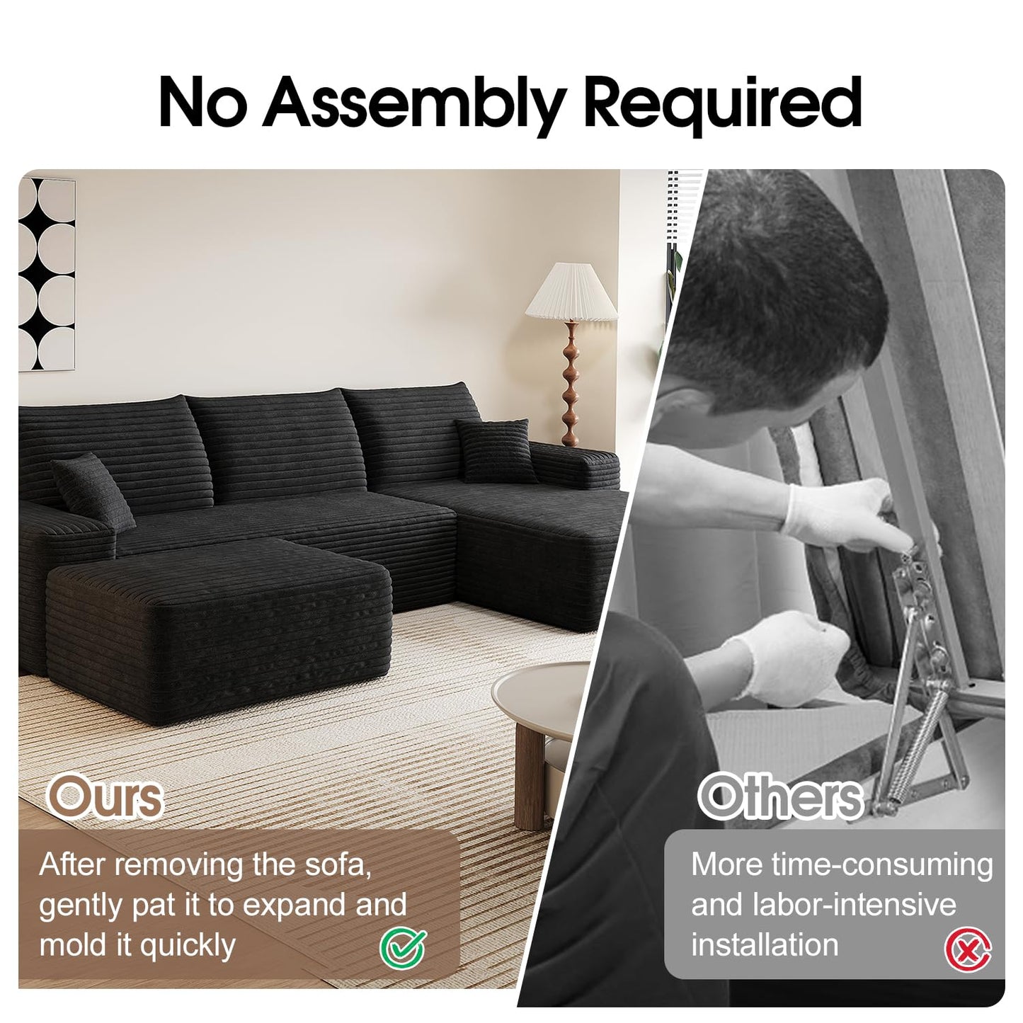 107" Comfy U-Shaped Sectional Modern Boneless Corduroy Couch with Chaise ‌and Ottoman‌ - No Assembly Required! Deep-Seat, Upholstered Modular Cloud Sofa for Living Room, Plush Corduroy Fabric(Black)