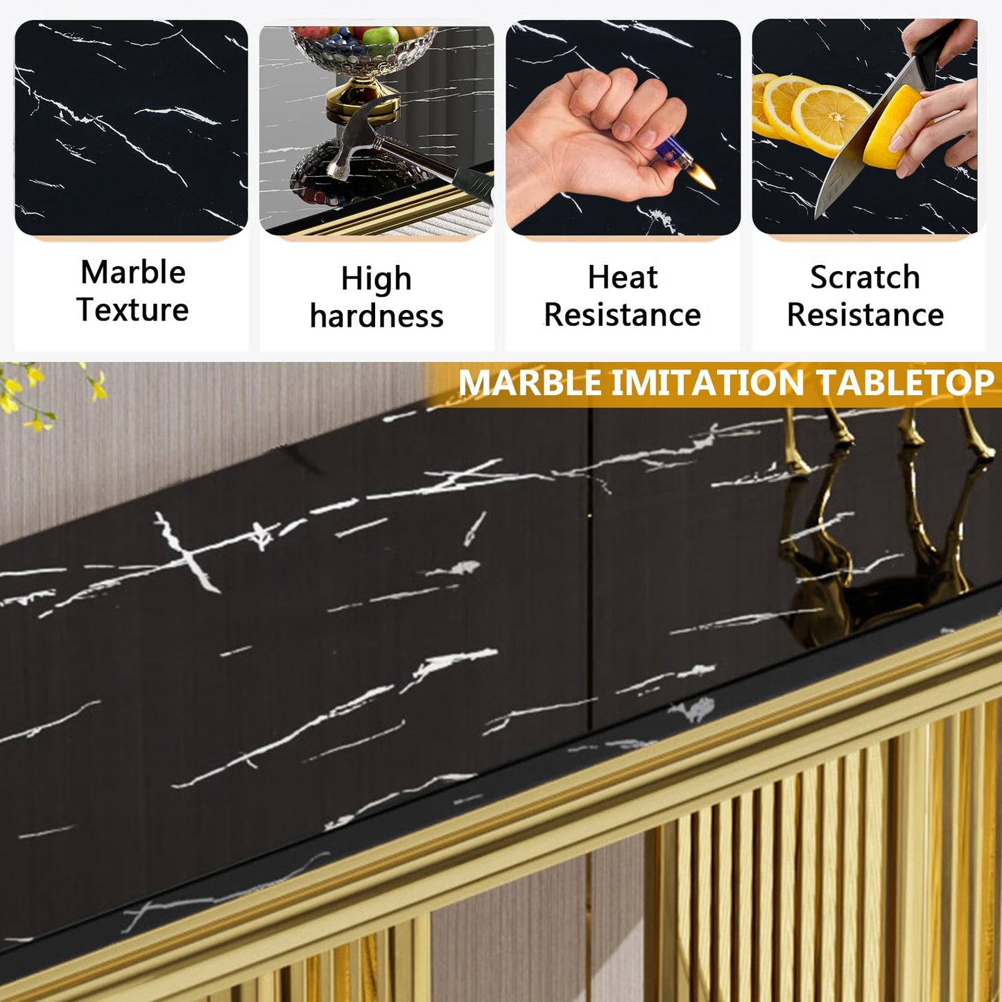 47" Rectangular Marble Console Table Luxury Black Faux Marble Entryway Table with Gold Column-Shape Stainless Steel Base Modern Narrow Sofa Hallway Tab for Living Room Entrance
