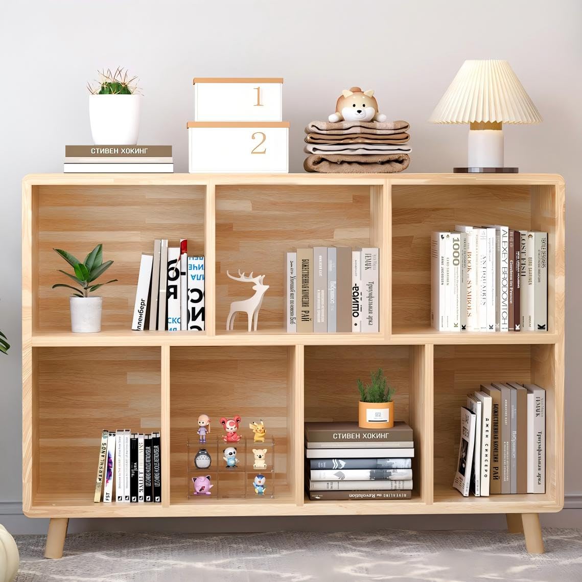 YZU 2-Tier Open Cubes Bookshelf with Legs,7 Cube Storage Organizer, Floor Standing Office Bookcase, Wooden Boho Book Shelves for Furniture, Cubby Storage Organizer for Living Room/Bedroom