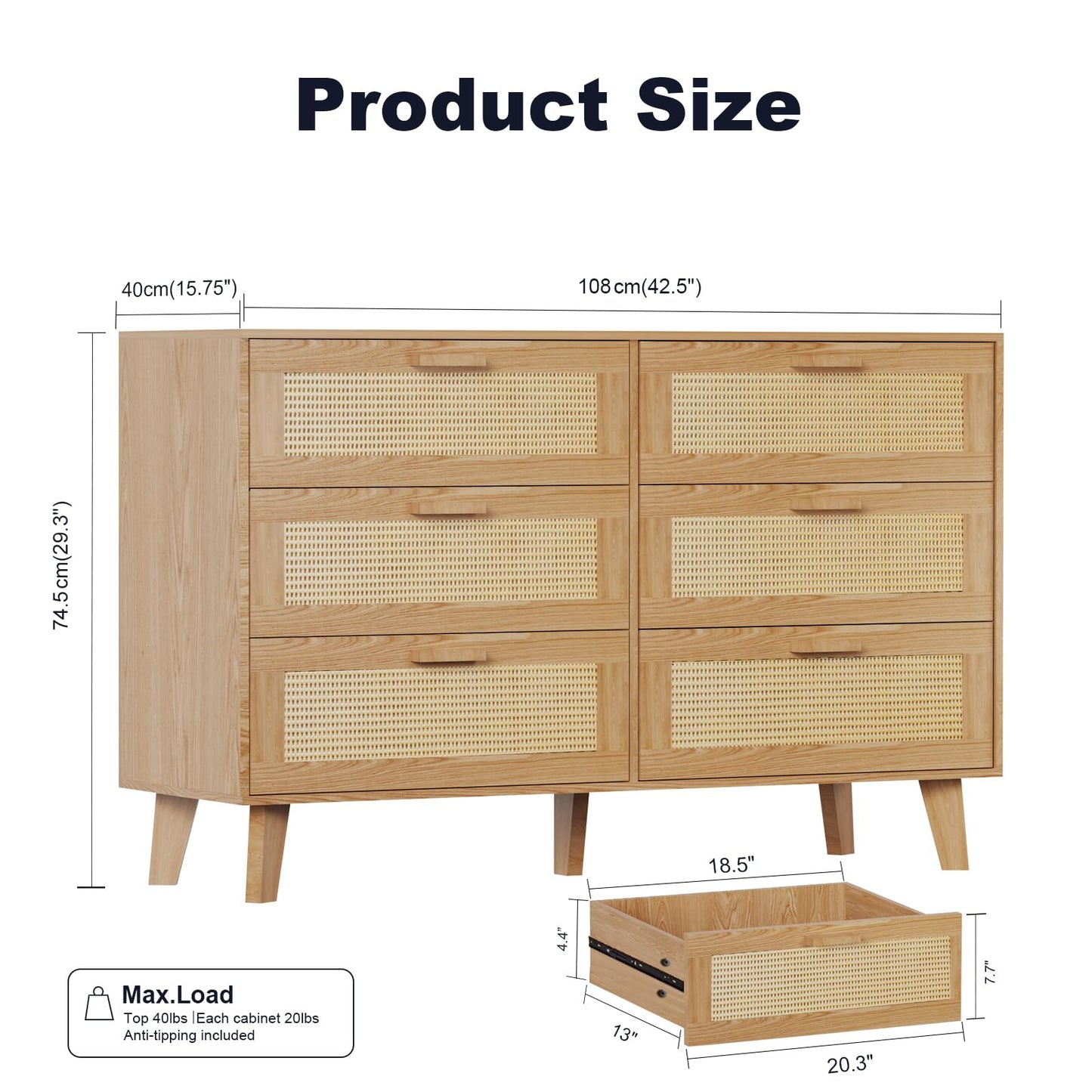 XDliv Wide Rattan Dresser, 6 Drawer Dressers Bedroom Furniture Large Storage Tower Unit, Wood Chest of Drawers for Bedroom, Closet,Hallway