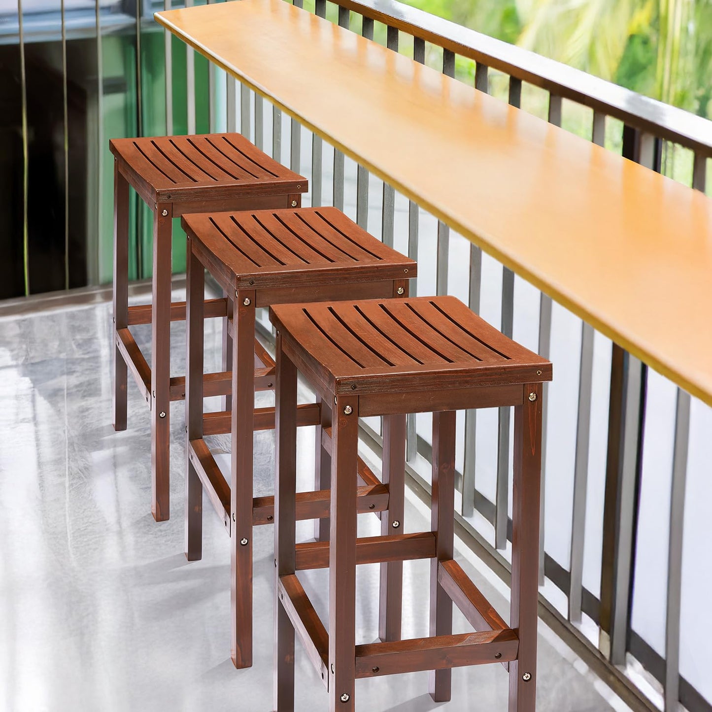 VINGLI Outdoor Bar Stools Set of 2, Solid Wood Bar Height Chairs Waterproof Patio Stools for Garden, Balcony, Kitchen, Backyard (Brown)