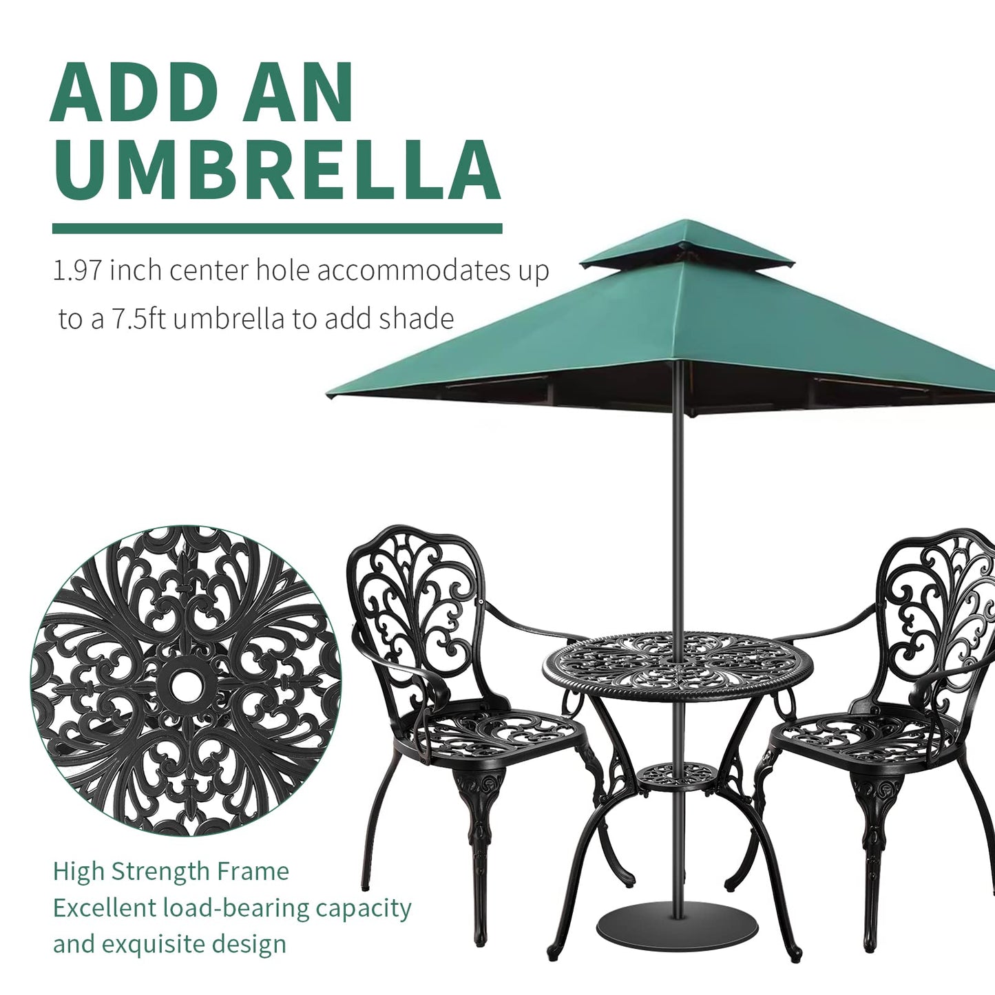 Withniture 3 Piece Patio Bistro Set Cast Aluminum Bistro Table and Chairs Set of 2 with Umbrella Hole,All Weather Metal Bistro Table Set,Outdoor Patio Furniture Set for Garden(Butterfly Black)