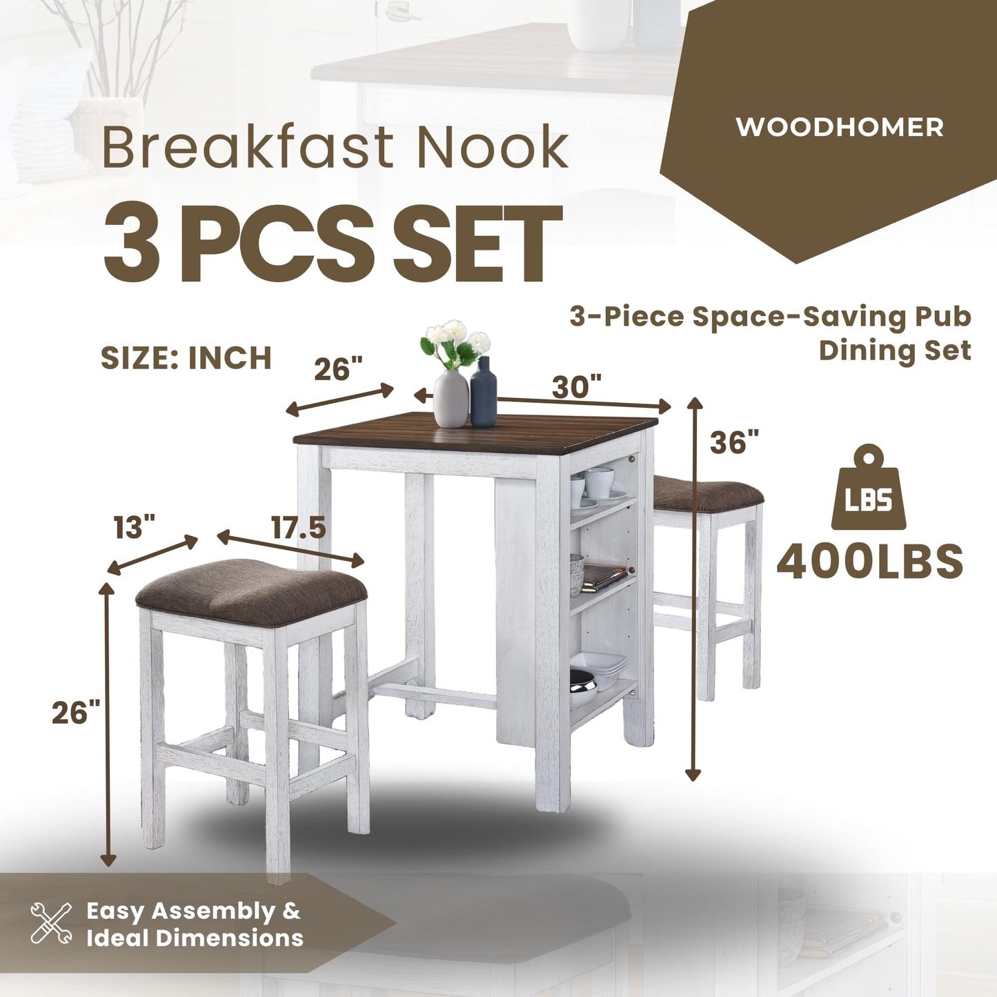 WOODHOMER 3-Piece Wooden Dining Table Set, Kitchen Island with Seating for 2, Kitchen Bar Table with Stools, Counter Height Dining Table Set, Antique Dark Oak & White, Farmhouse Style