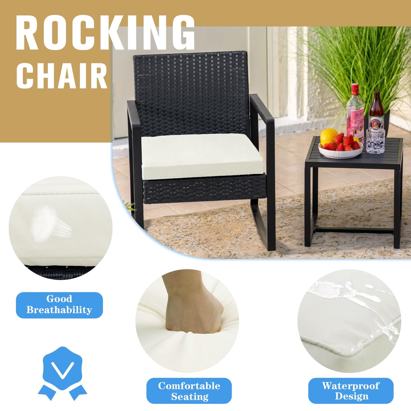 WWR 3 Pieces Outdoor Patio Furniture Set Rocking Wicker Rattan Chair Set Patio Bistro Conversation Set 3 Pcs with Coffee Table for Yard & Bistro (Sand)