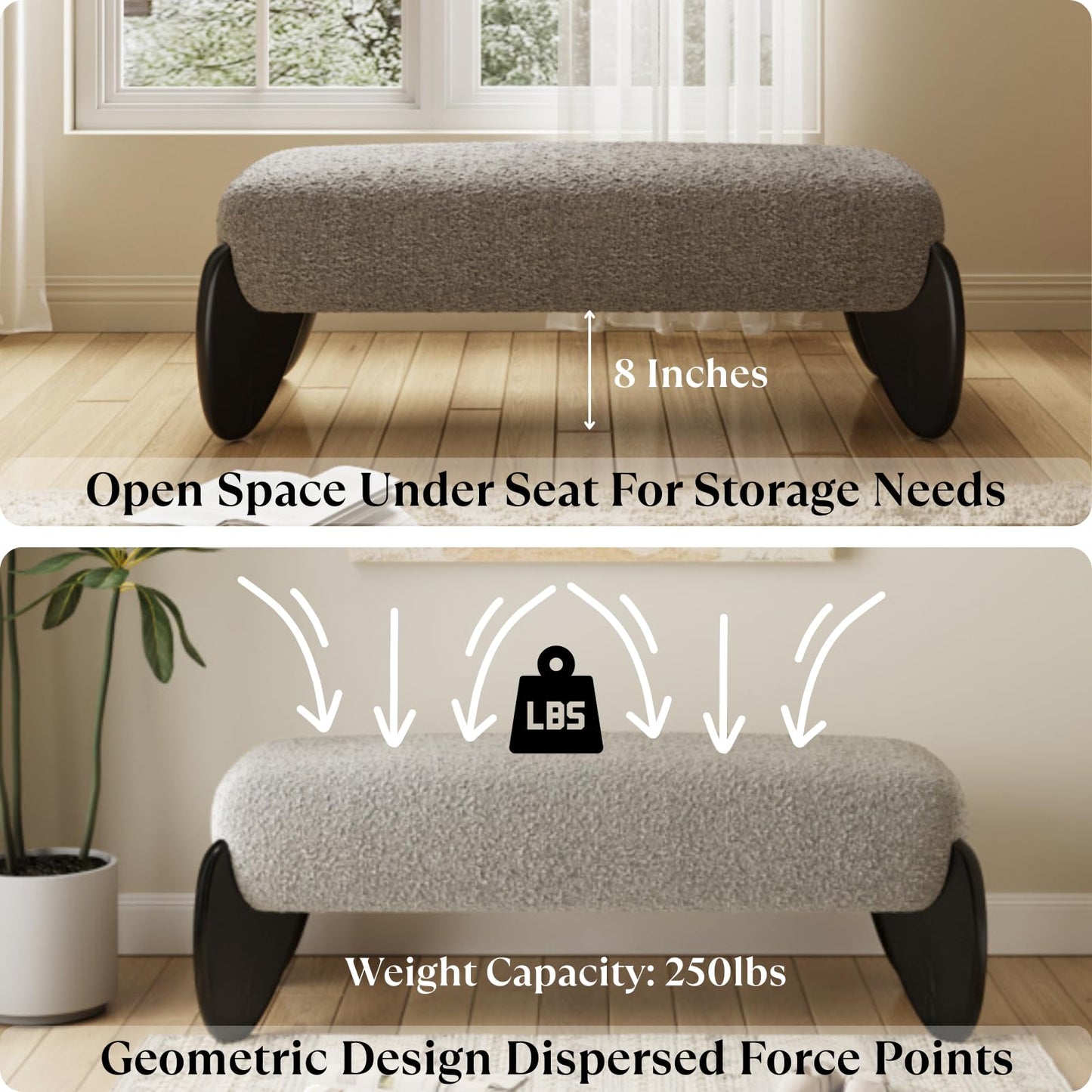 Ya-Home Modern Living Room Bench, Boucle Upholstered Bedroom Bench End of Bed, 50” Entryway Bench with Black Wooden Legs, Window Ottoman Bench for Bedroom/Hallway,Grey