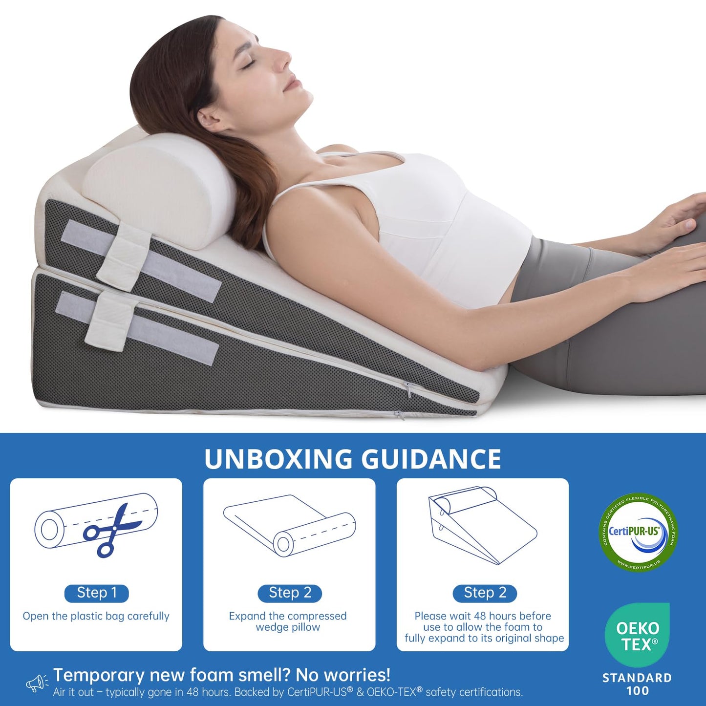 GOHOME Cooling Wedge Pillow Set for After Surgery, 3-Piece Adjustable Memory Foam Bed Wedge Pillow for Sleeping - Acid Reflux, Snoring, Neck Pain and Back Pain, White and Grey