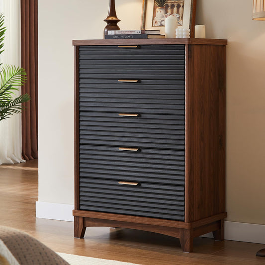 AOGLLATI Black Dresser for Bedroom with Slanted Louvre Design,Retro Chest of Drawers with Charging Station, Wooden Tall 5 Drawer Dresser for Bedroom,Living Room, Hallway, Black & Brown