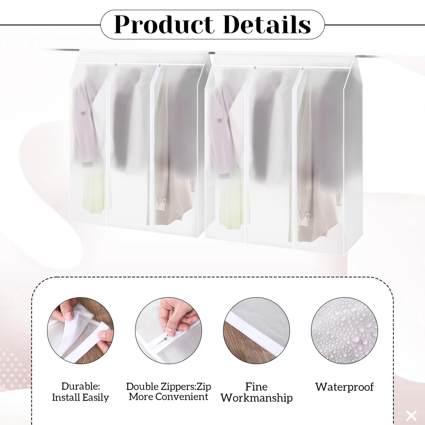 2 Pack 50'' Garment Rack Cover with Zipper, Large Translucent Frosted Garment Bags for Hanging Clothes, Open Closet Cover Clothing Storage Bag for Hanging Dress, Coat, Shirt, Suit