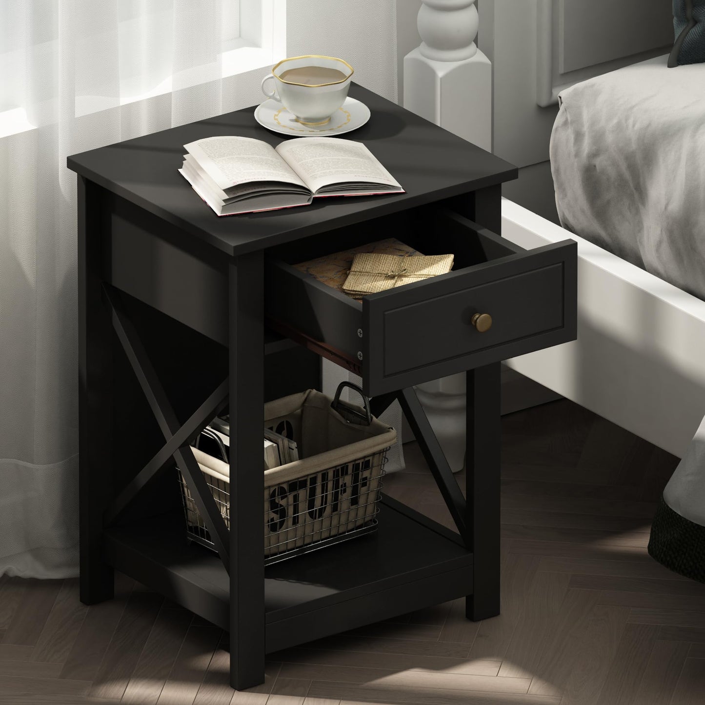 Treocho Black End Table Set of 2, Modern X-Design Night Stand,Bedside End Table with Open Storage for Small Place,Bedroom