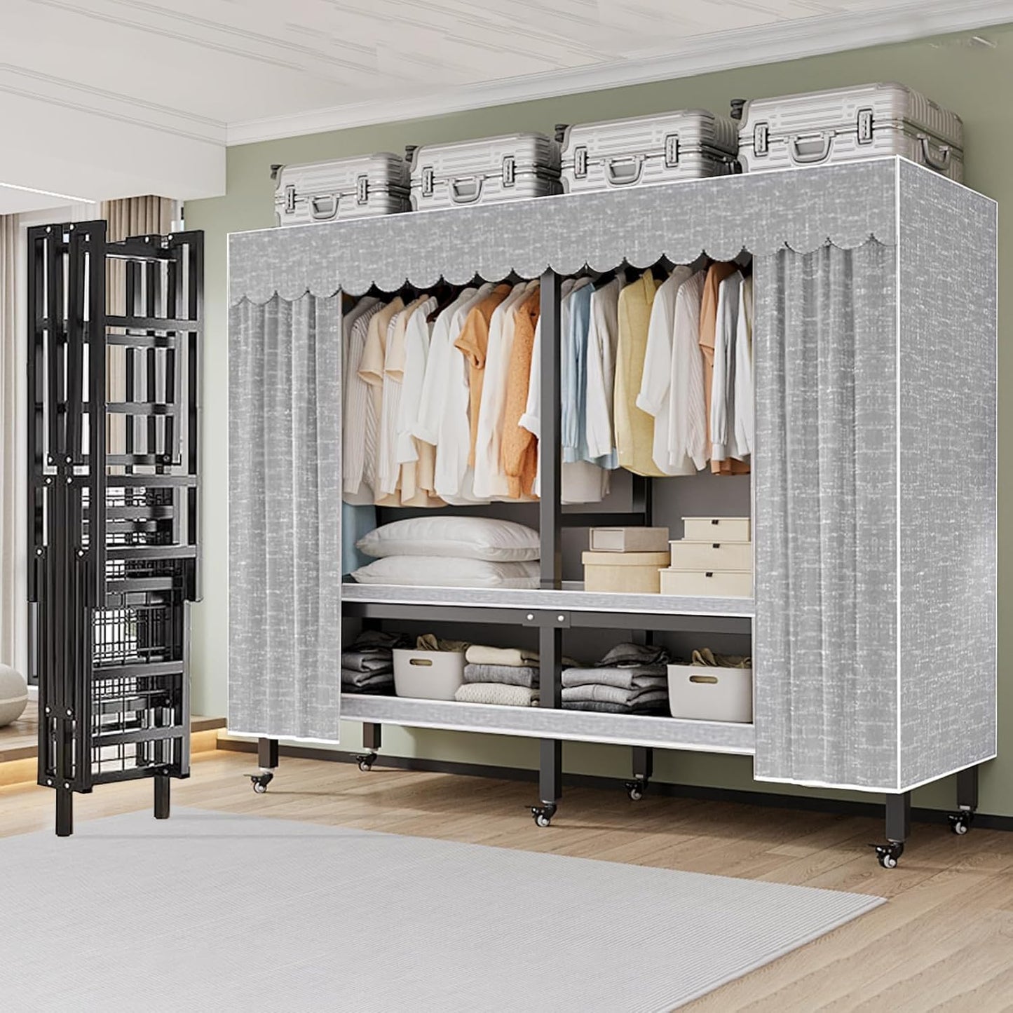 71in Foldable Portable Wardrobe Closet with Magnetic Door 2000lbs Heavy-duty Clothe Rack with Wheels and Cover Large Covered Clothing Coat Storage Organizer System (Grey zipper, 70.86in/5.9ft)